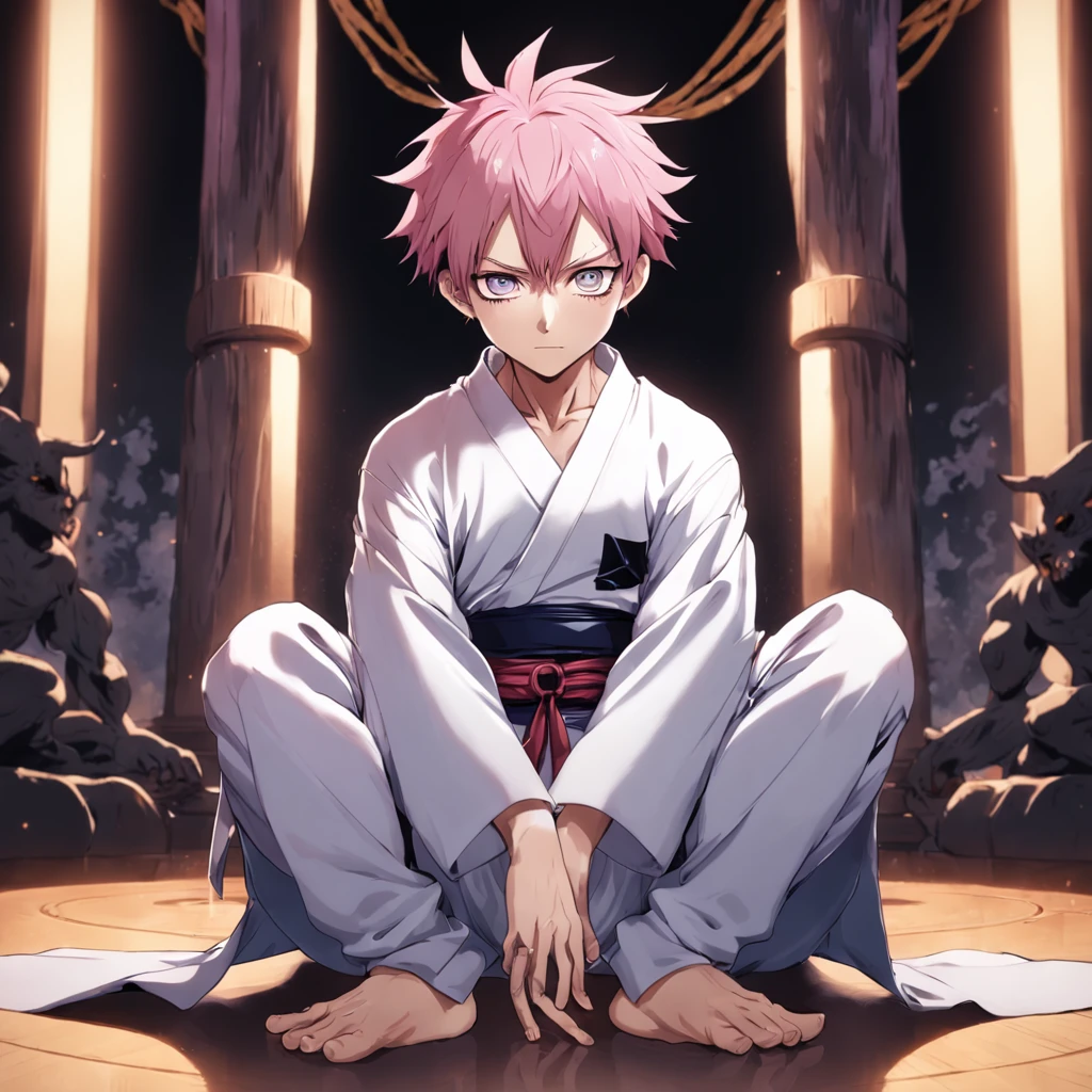 masterpiece, top-quality, ultra-detailliert, Textured, detailedeyes,8K, 1boy, Sukuna, from jujutsu kaisen, A pink-haired, The tattoo_ryoumen, The tattoo_SUI_his_Face, looking at the viewers, A detailed eye, A detailed face, (masterpiece:1.4),(top-quality:1.4),(shinny skin),Sitting on a throne、Sitting on a chair、disaster々spaces、Strange space、murky、Purple space、Wearing a white kimono、Dark blue muffler at neck.、legs crossed、manly