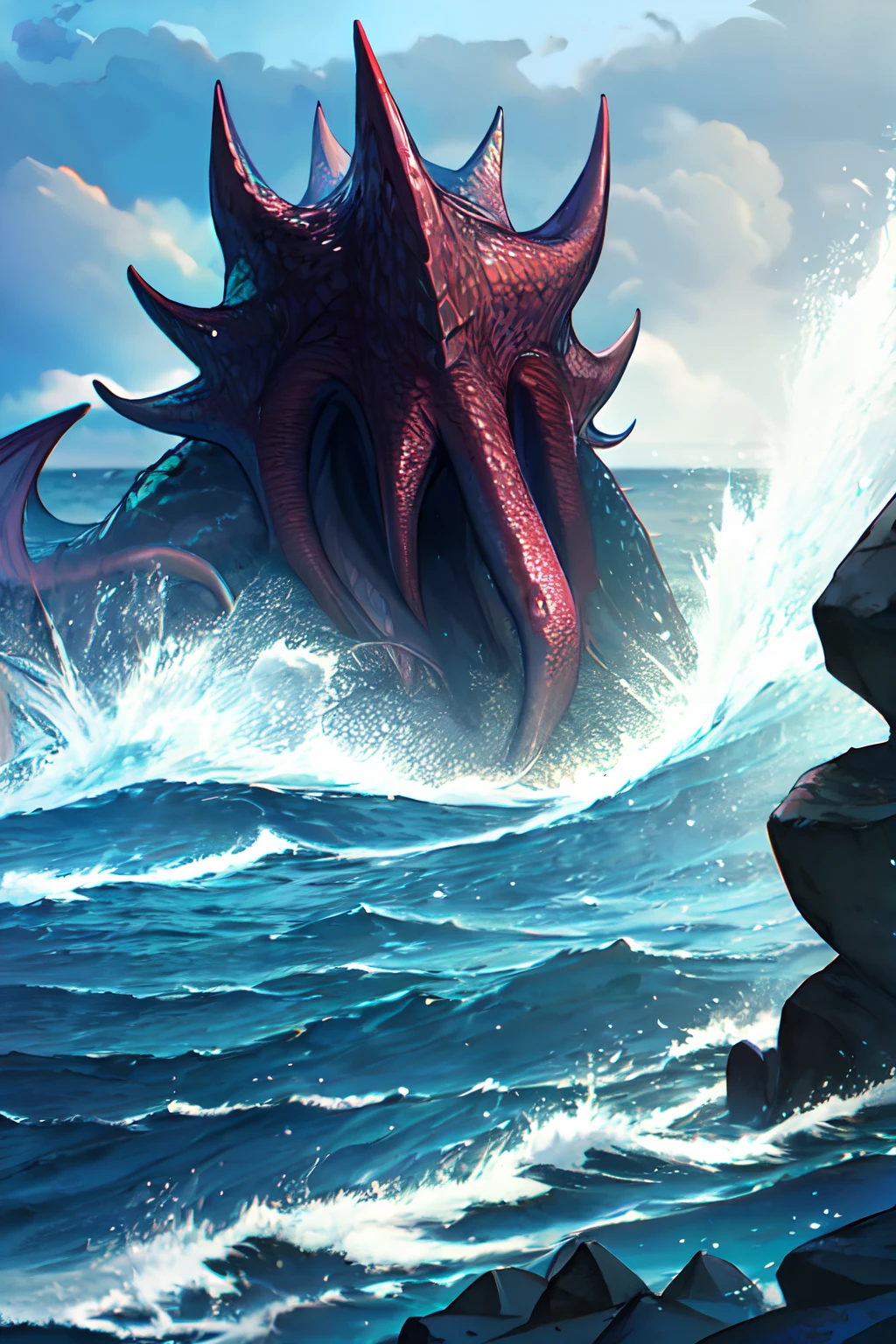 Cthulhu,Monster,Fish,tentaculata,Dark forest,Hit the rocks,Rough sea,(dark:1.25),(Soul style:1.35)