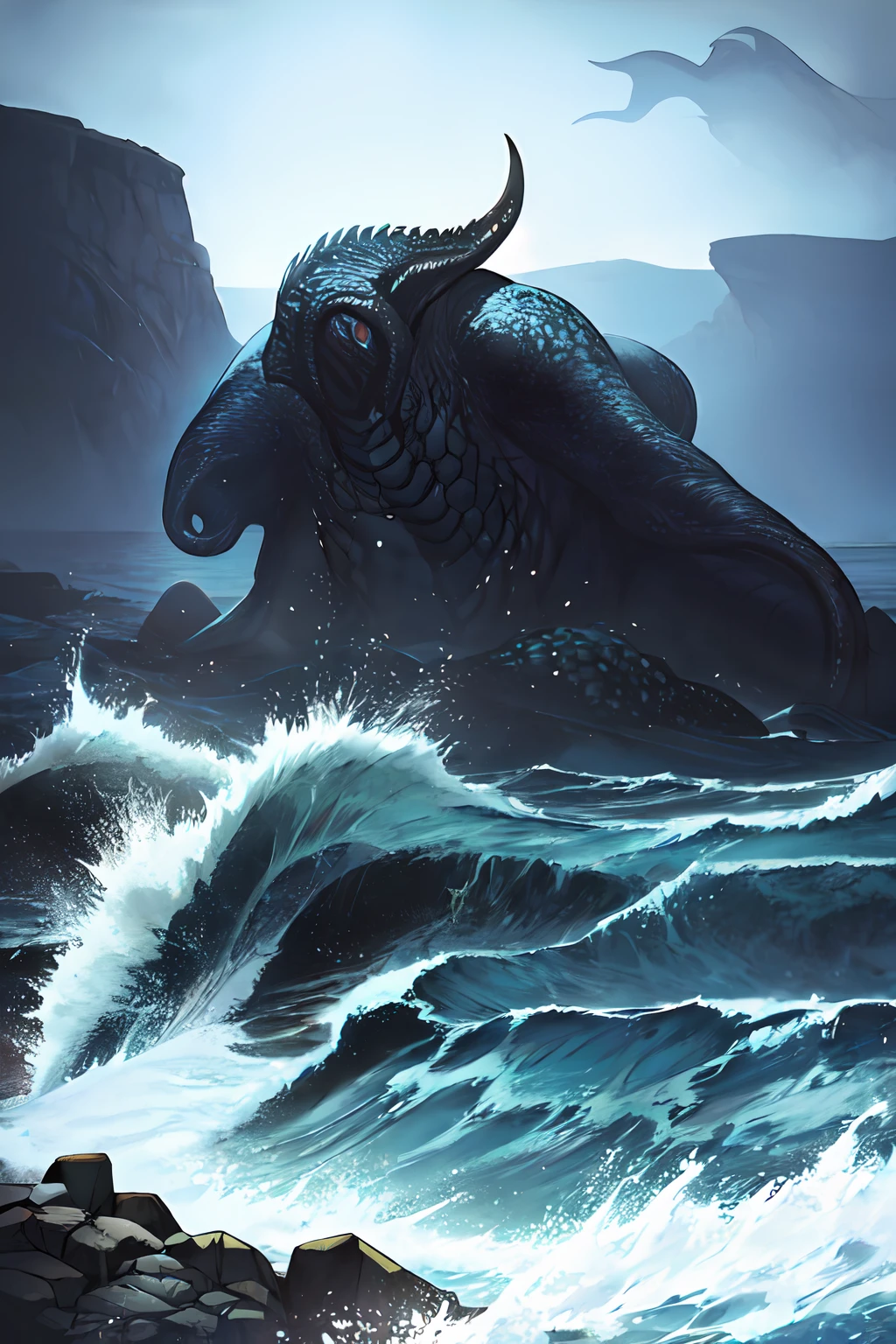 Cthulhu,Monster,Fish,tentaculata,Dark forest,Hit the rocks,Rough sea,(dark:1.25),(Soul style:1.35)