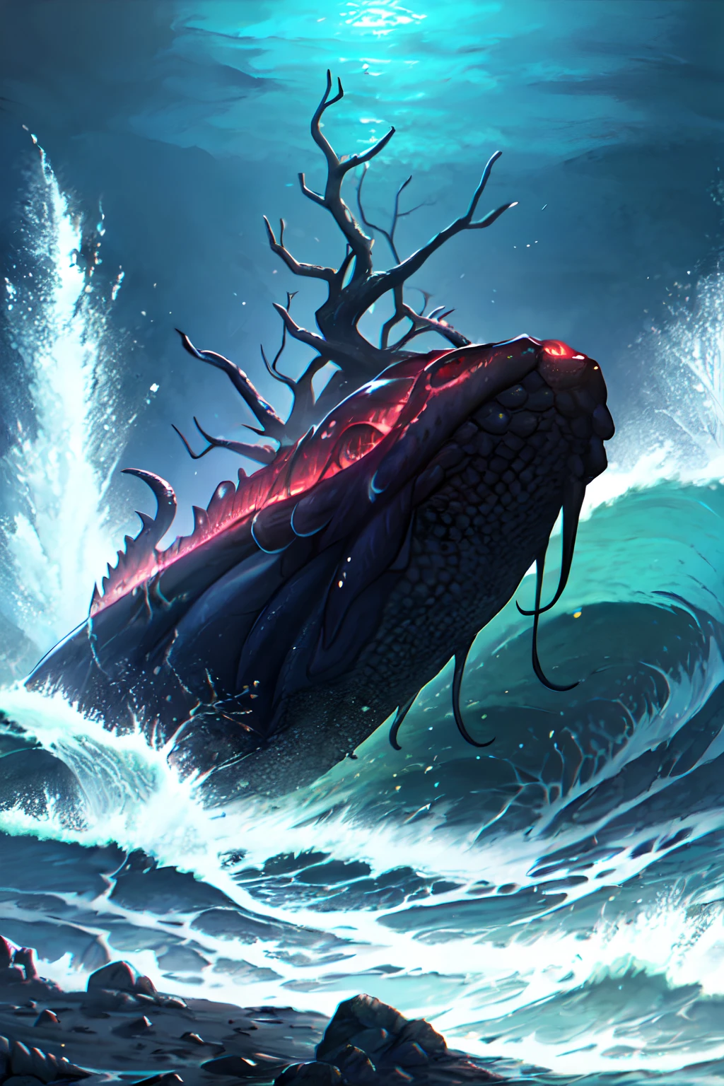 Cthulhu,Monster,Fish,tentaculata,Dark forest,Hit the rocks,Rough sea,(dark:1.25),(Soul style:1.35)