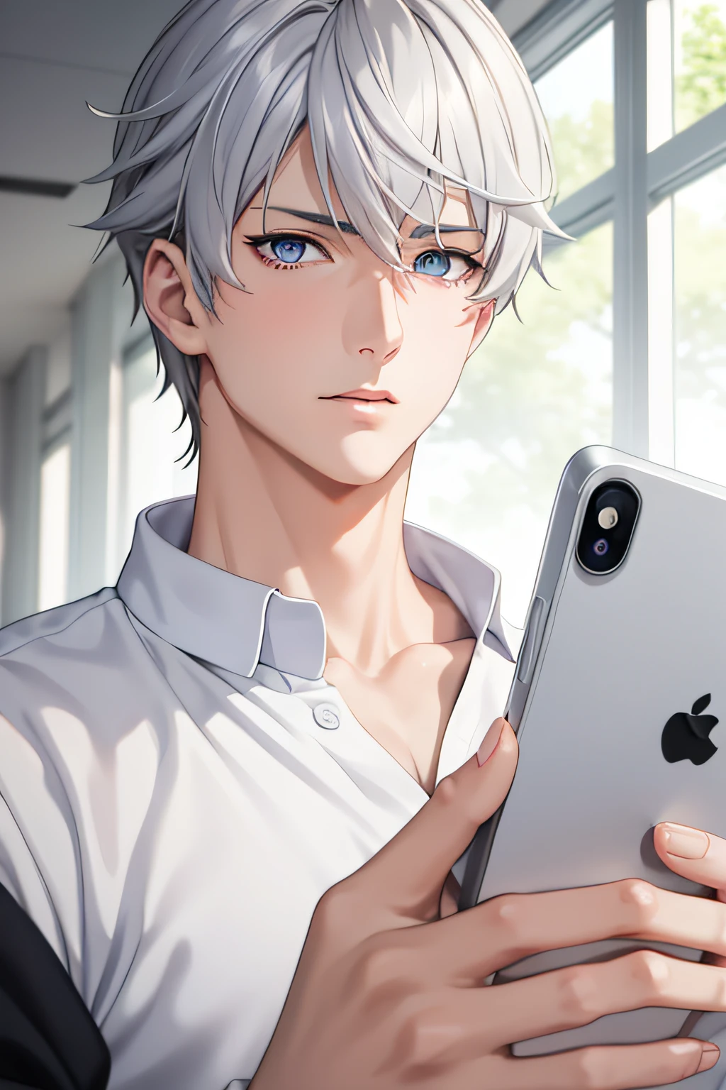 Masterpiece Anime,Handsome gray-haired boy,blue eyess,Staring at your phone,