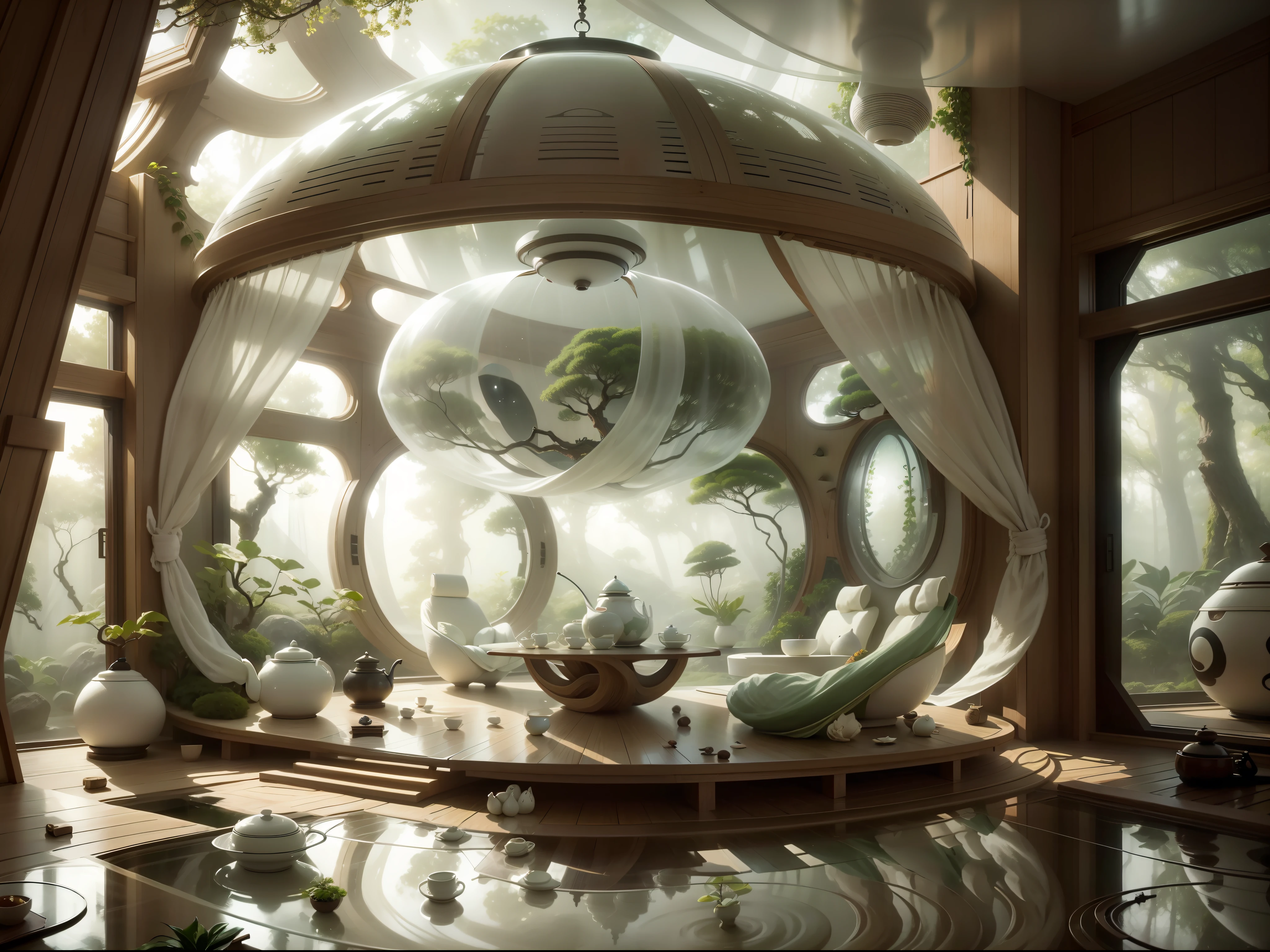 japanese tearoom organic pod in the interior of a cocoon.  white silk linen drapes, bonsai  trees. calm, serene, surreal, japonism. natural daylight, photo-realistic, concept image. pod suspended.  tea table with teapot