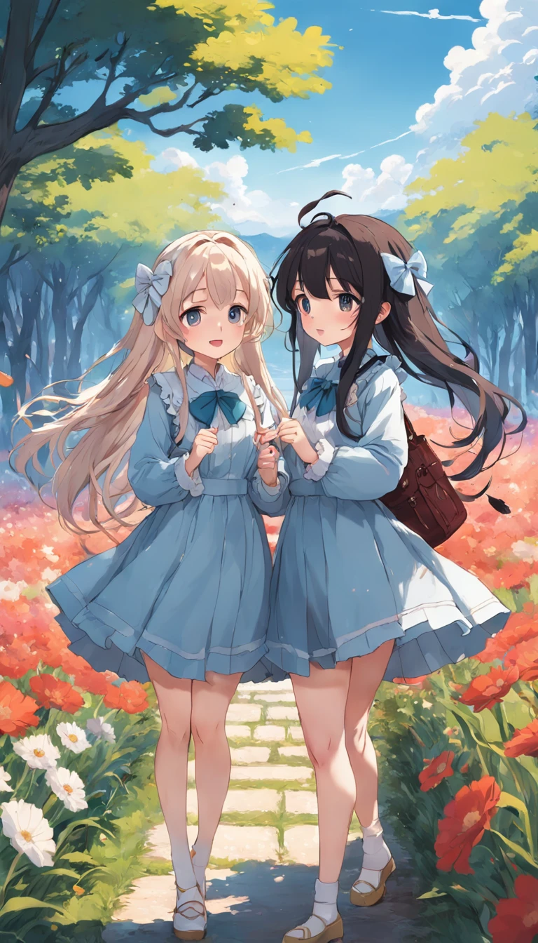 Master parts, best qualityer, 2girls, soio, Long hair, Behold the_Show on the_visualizador, ssmile, rim, a skirt, Camisa, sleeved, Hats, shift dresses, the bow, predio, Clos_bocchi, florals, Frilly, Hair_florals, petals, Bouquet, predio_florals, centre_Frilly, bonnet, predio_Bouquet , flower  field, flower  field, linear art, white backgrounid, single body, (A high resolution: 1.4), A detailed, intricately details, 4K,  line art, Fibonacci, Character lines and scenes without colors and shadows