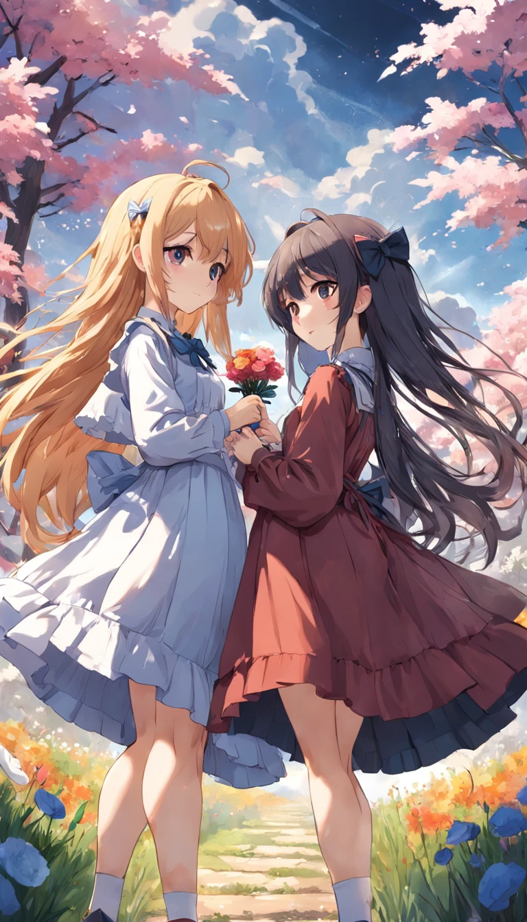 Master parts, best qualityer, 2girls, soio, Long hair, Behold the_Show on the_visualizador, ssmile, rim, a skirt, Camisa, sleeved, Hats, shift dresses, the bow, predio, Clos_bocchi, florals, Frilly, Hair_florals, petals, Bouquet, predio_florals, centre_Frilly, bonnet, predio_Bouquet , flower  field, flower  field, linear art, white backgrounid, single body, (A high resolution: 1.4), A detailed, intricately details, 4K,  line art, Fibonacci, Character lines and scenes without colors and shadows