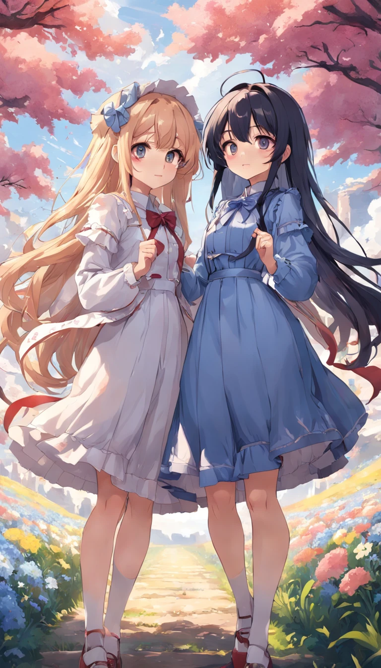 Master parts, best qualityer, 2girls, soio, Long hair, Behold the_Show on the_visualizador, ssmile, rim, a skirt, Camisa, sleeved, Hats, shift dresses, the bow, predio, Clos_bocchi, florals, Frilly, Hair_florals, petals, Bouquet, predio_florals, centre_Frilly, bonnet, predio_Bouquet , flower field, flower field, linear art, white backgrounid, single body, (A high resolution: 1.4), A detailed, intricately details, 4K, line art, Fibonacci, Character lines and scenes without colors and shadows