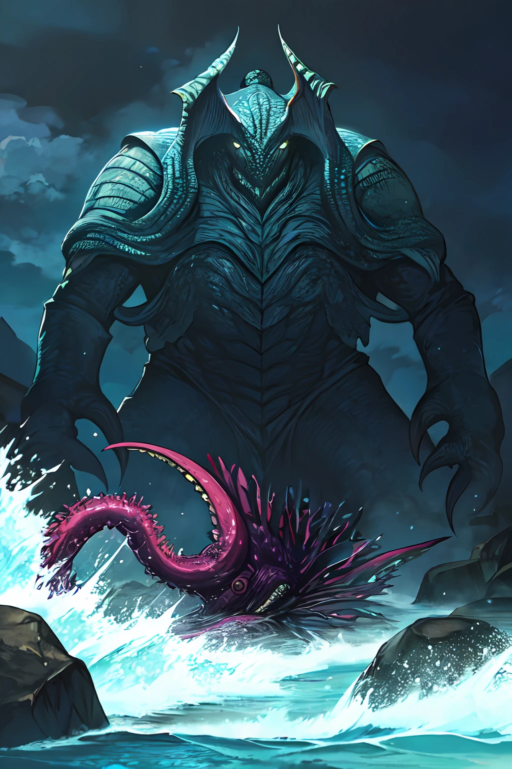 Cthulhu,Monster,Fish,tentaculata，Dark forest，Hit the rocks，Rough sea，(dark:1.35)，(Soul style:1.5)