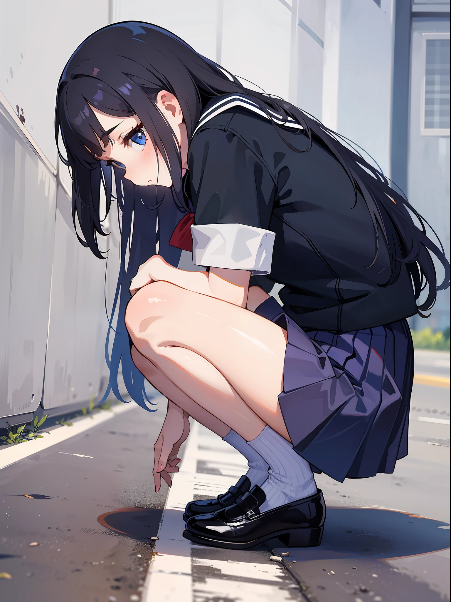 1girl, very low angle, up front view，From the angle below，long navy hair，No short skirt，trousersless，Squatting，cute female student, schoolgirl uniform  ， little ant on road, looking down at an ant, a little black dot, finger on ground, 8K quality, knees at 90 degrees, heels on ground