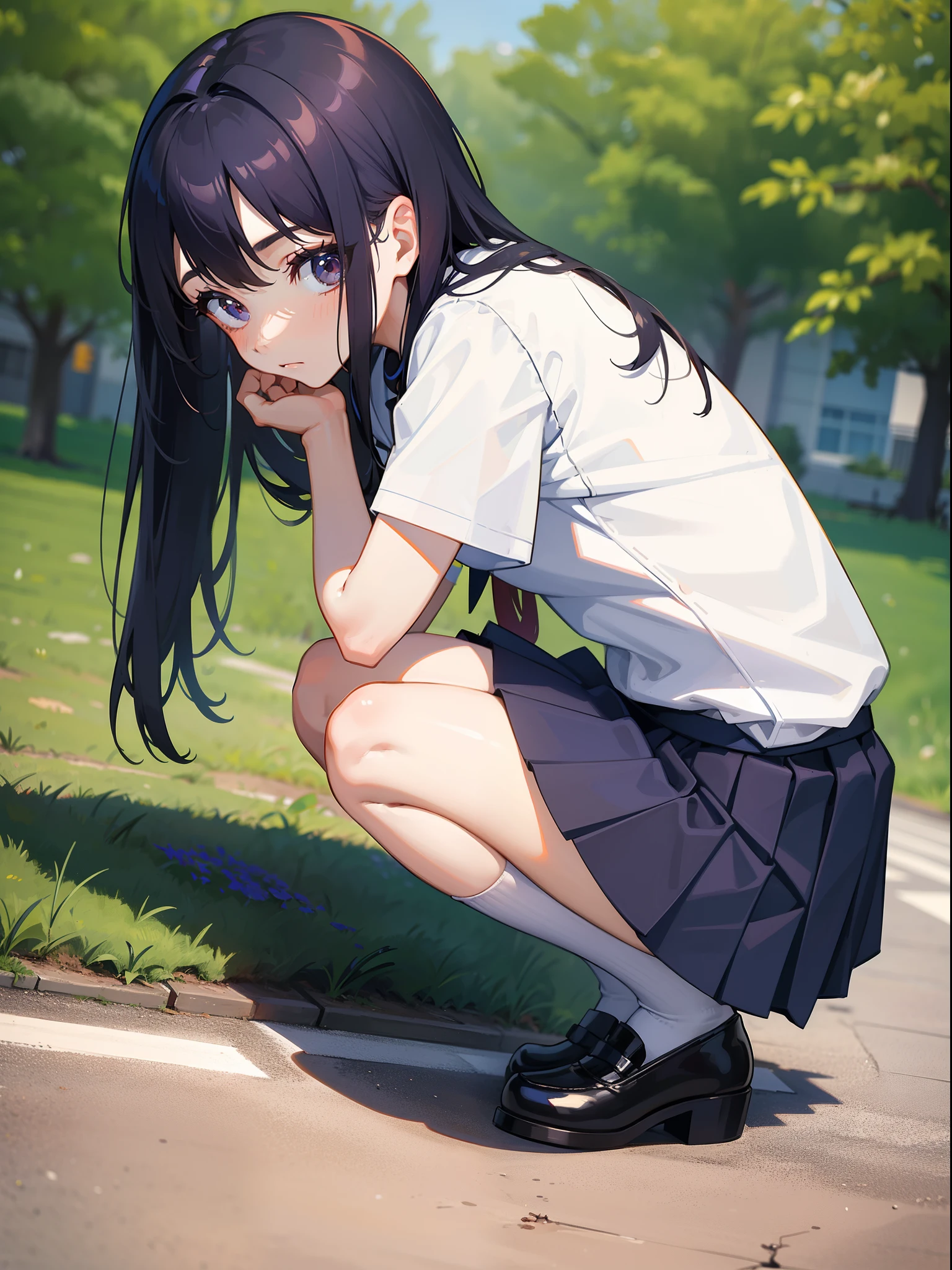 1girl, very low angle, up front view,From the angle below,long navy hair,No short skirt,trousersless,Squatting,cute female student, schoolgirl uniform , little ant on road, looking down at an ant, 8K quality, knees at 90 degrees, heels on ground