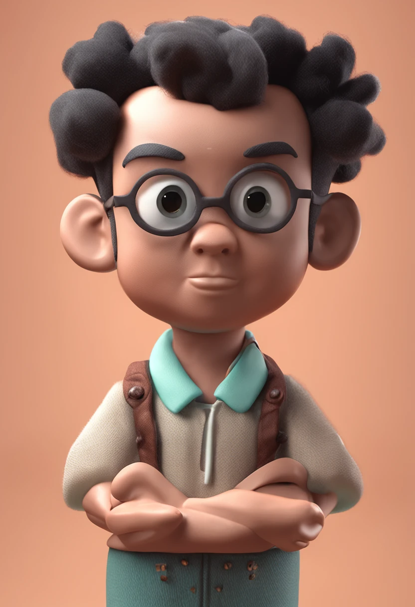 Small and cute brown men's whole toy doll, black hair and medium between straight and curly, Featured character standing out from background, soft soft lighting, soft pastel colors, Young Skottie, Blender 3D rendering, polycounting, Modular constructivism, Pop surrealism , physically based rendering
