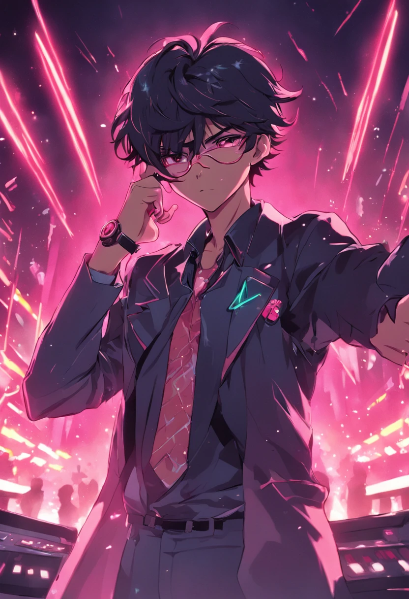 um homem negro, sunglasses, terno social, pistola, estilo neon,(shooting and causing great spark in the left direction:1.2),bar, anos 80s, Homens de preto,(filmes gunfu:1.3), (reflective glasses: 1.4), (aviator-style glasses: 1.5), (poeira em torno: 0.8), (cabelo estilo curto: 1.6),(homem negro: 1.7)