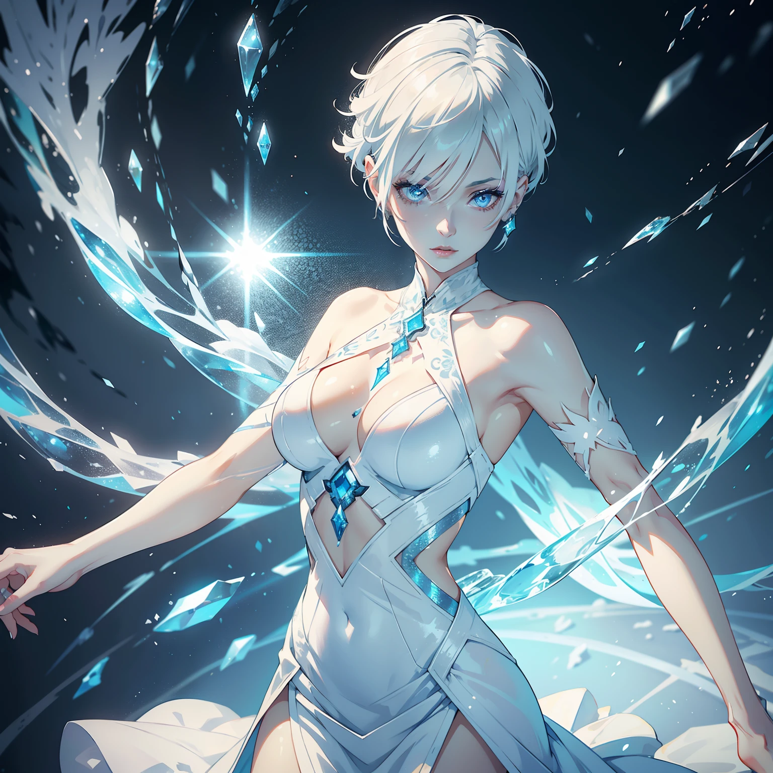 Woman with short white hair, pale skin, white eyes, ice white dress, background with ice and snow, ice and snow around. body circuit tattoos.