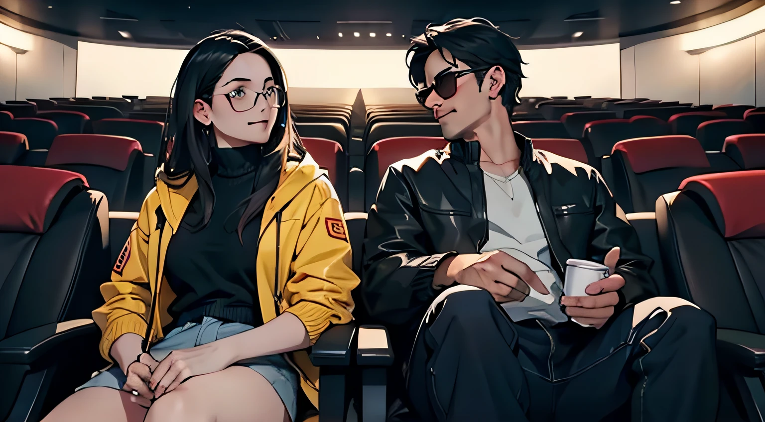 An image for a YouTube channel about movies and series, um casal, a nice girl smiling, segurando um saco de pipocas, vestindo uma casaco, sitting next to a nice guy with black hair wearing a jacket with sunglasses, in a movie theater watching a movie playing, cinema estilo teatro, imagem detalhada, 8K, alta resolução