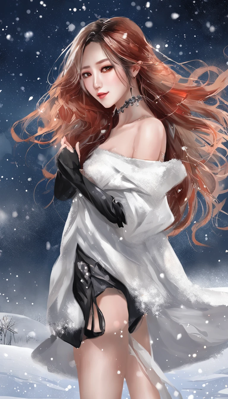 ((From below)), ((Looking back)), ((full bodyesbian)), (((off-the-shoulder clothes))), Beautiful asian model, Sexy goddess, cabelos preto e longos, Beautiful hair accessories, Sexy legs, slender leg, cold light, the night, starrysky, at winter season, nevando, snowfield, (red sweater, 围巾, black short skirt), (white colors, black in color), Detailed scenes, Beautiful digital illustration, the detail,Hyper-detailed, (best qualtiy,tmasterpiece)
