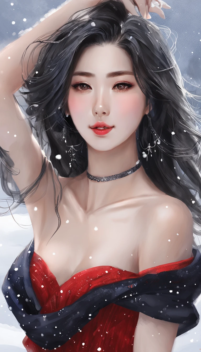 ((From below)), ((Looking back)), ((full bodyesbian)), (((off-the-shoulder clothes))), Beautiful asian model, Sexy goddess, cabelos preto e longos, Beautiful hair accessories, Sexy legs, slender leg, cold light, the night, starrysky, at winter season, nevando, snowfield, (red sweater, 围巾, black short skirt), (white colors, black in color), Detailed scenes, Beautiful digital illustration, the detail,Hyper-detailed, (best qualtiy,tmasterpiece)