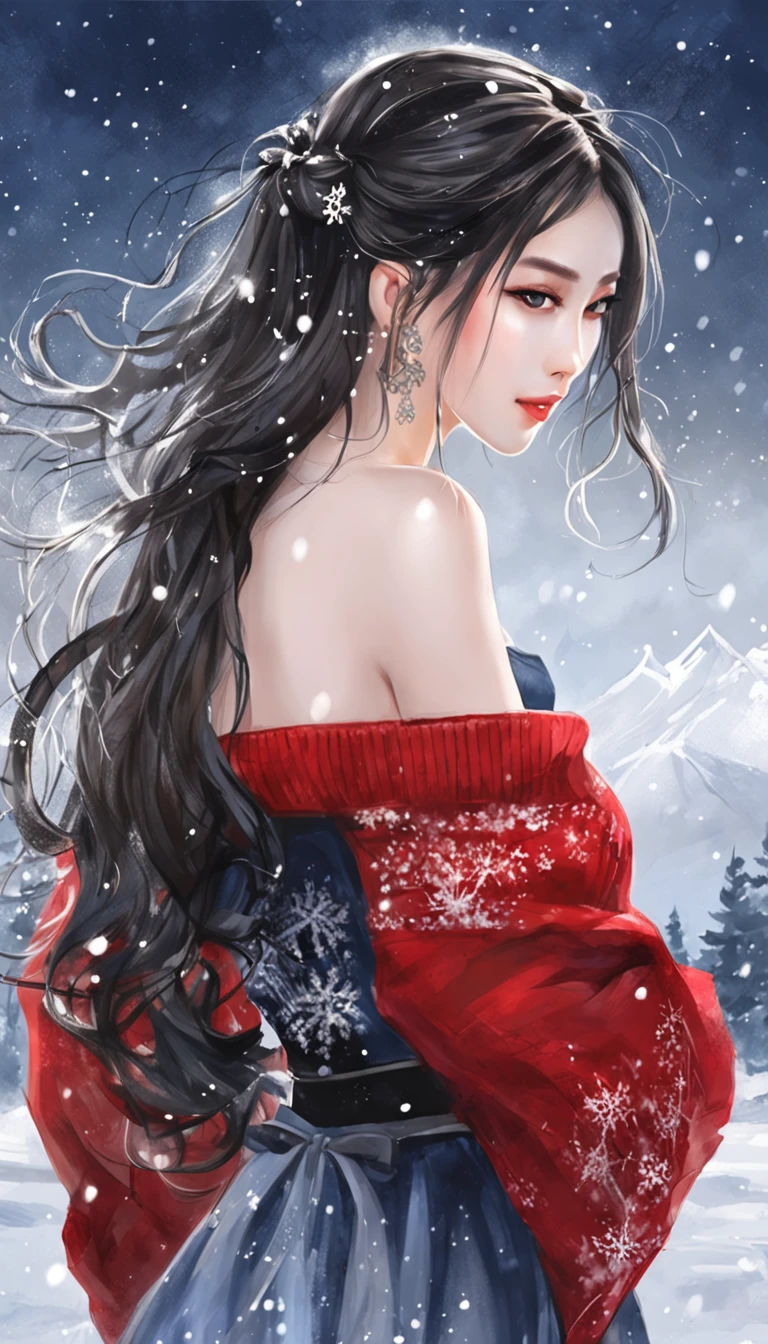 ((From below)), ((Looking back)), ((full bodyesbian)), (((off-the-shoulder clothes))), Beautiful asian model, Sexy goddess, cabelos preto e longos, Beautiful hair accessories, Sexy legs, slender leg, cold light, the night, starrysky, at winter season, nevando, snowfield, (red sweater, 围巾, black short skirt), (white colors, black in color), Detailed scenes, Beautiful digital illustration, the detail，Hyper-detailed, (best qualtiy，tmasterpiece)