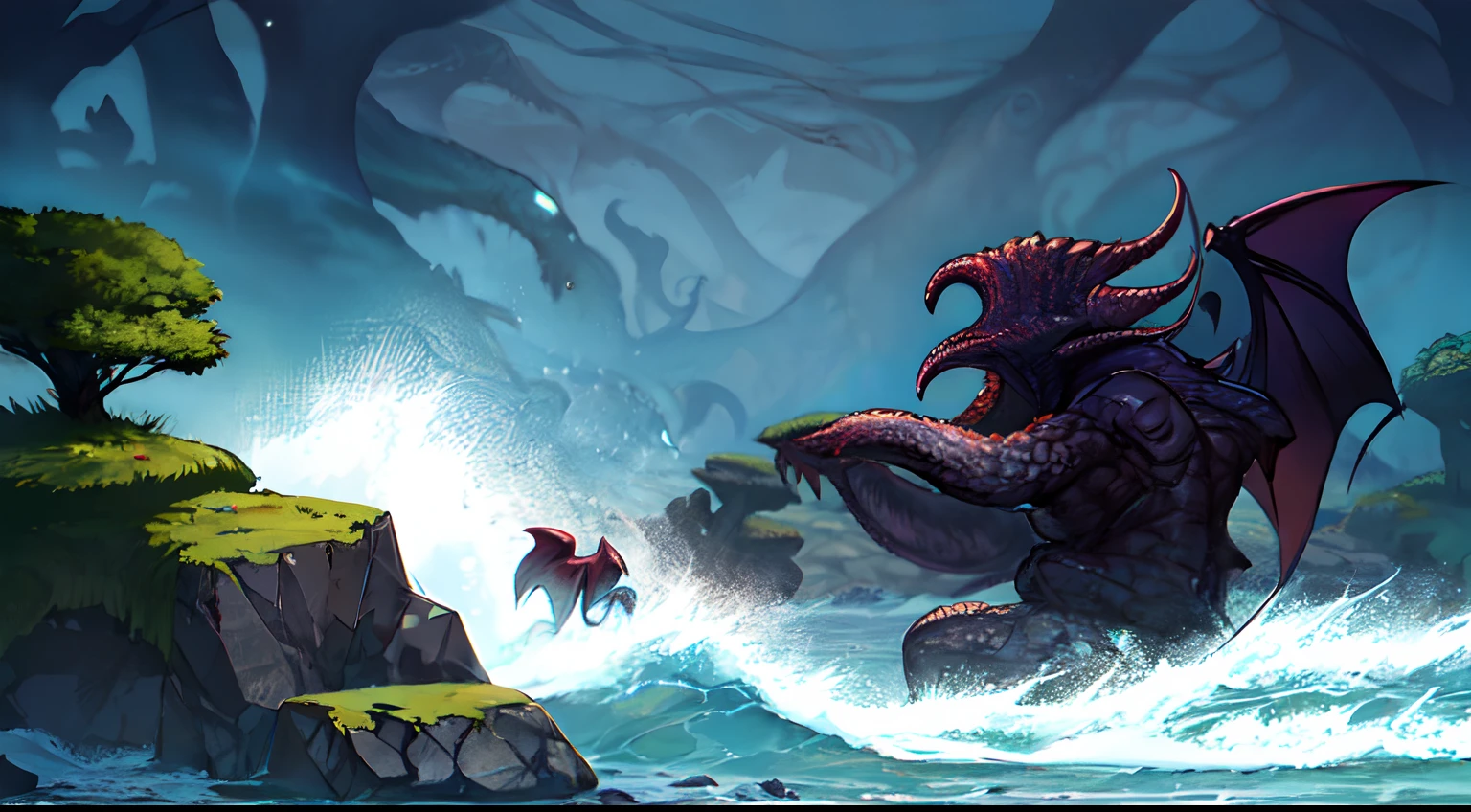 Cthulhu,Monster,Fish,tentaculata,Dark forest,Hit the rocks,Rough sea,(dark:1.35),(Soul style:1.5)