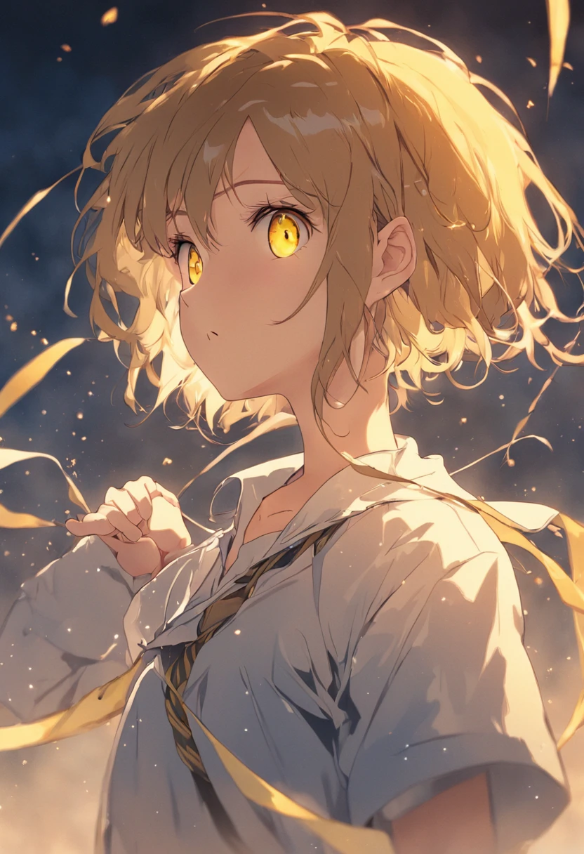 yellow eyes、Girl with light brown hair with braids above her ears and short cuts outside splashes、Blue ribbon、Wearing a white shirt、thin ribbon at chest,、atlibrary、Boken、Fantasia