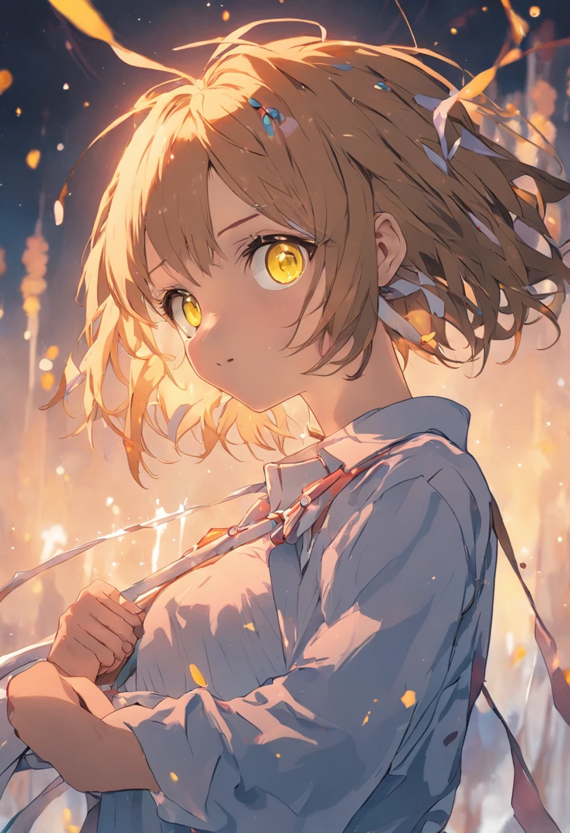 yellow eyes、Girl with light brown hair with braids above her ears and short cuts outside splashes、Blue ribbon、Wearing a white shirt、thin ribbon at chest,、atlibrary、Boken、Fantasia