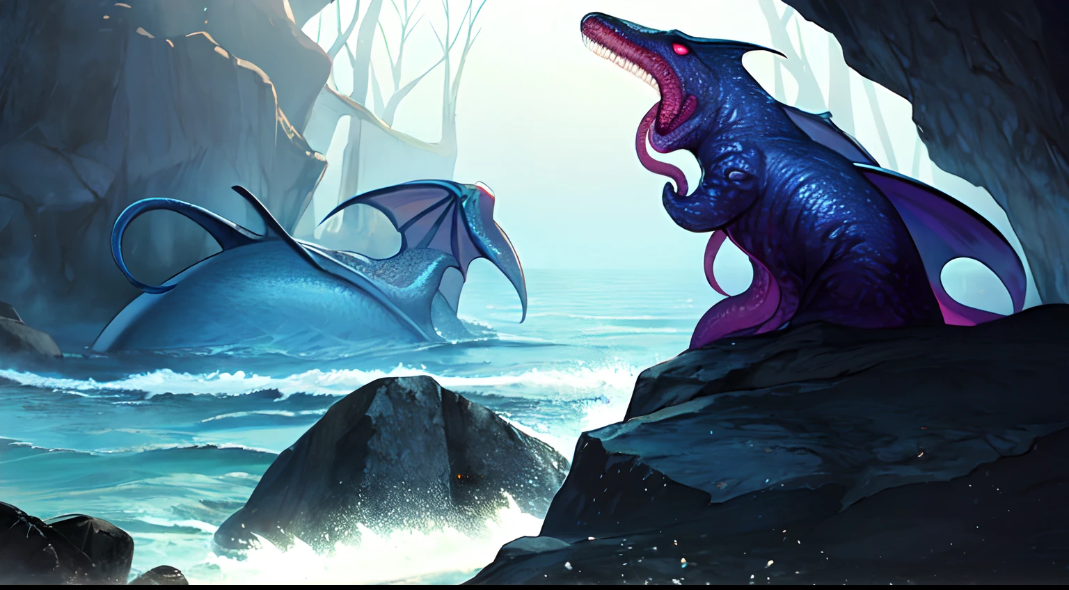 European Legendary fantasy Creature, Creature cave, European mythology, Magical Creature, character concept art, fairyland, surreal epic scene, bright and saturated colors, Ethereal atmosphere, fairy tales, (best quality, masterpiece, Ultra high detail, 8k)