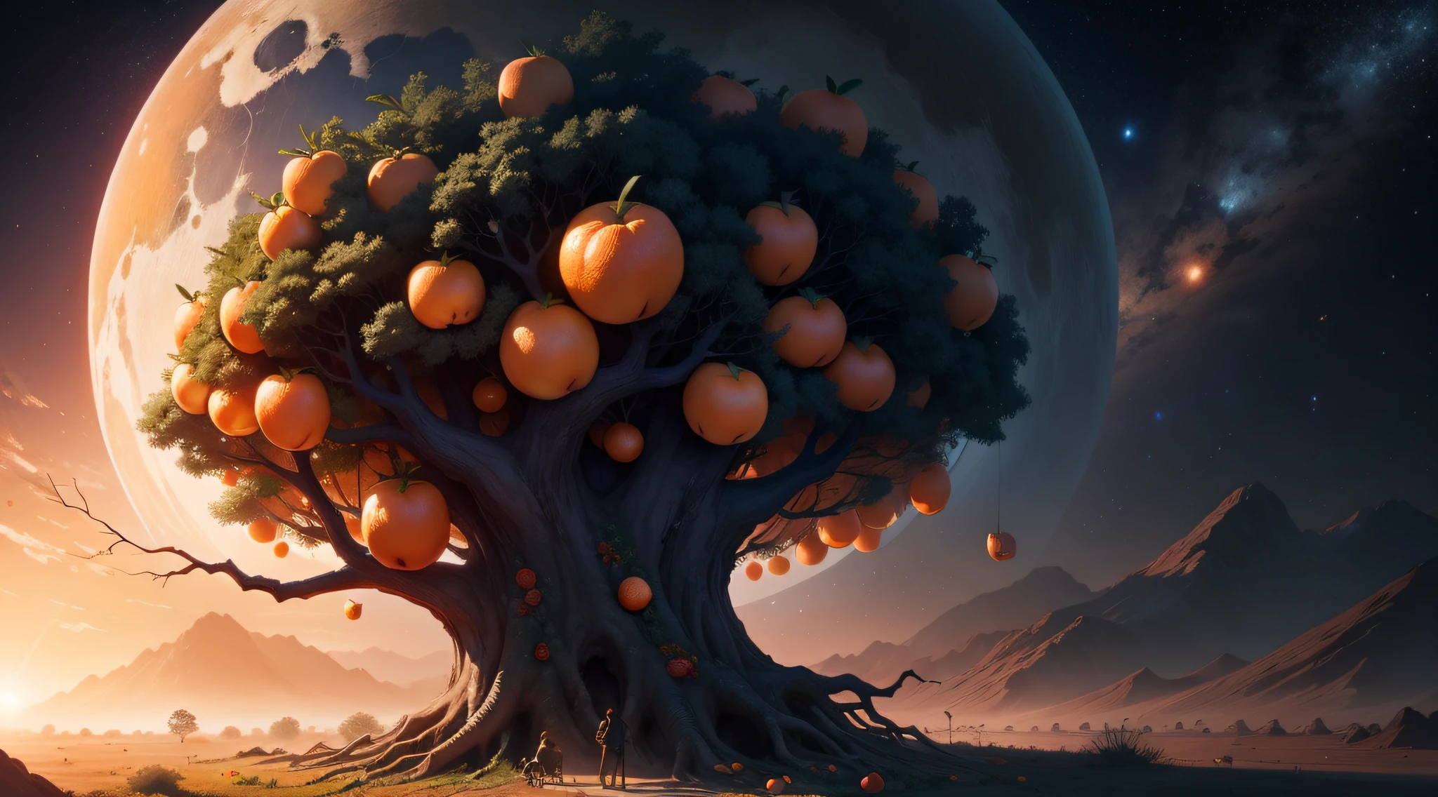 The fruit tree filled with oranges whose roots cover a planet lost in a huge and dark galaxy, sans vie aux alentours, just a few mysterious and strange planets