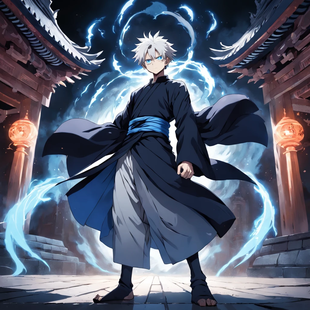 (masterpiece, illustration, anime:1.3), 1 person, Satoru Gojo from Jujutsu Kaisen, (classic black attire:1.2), standing inside a temple at night, (messy white hair:1.1), (blue eyes emitting blue light:1.2), (calm expression:1.1), (uncovered eyes:1.1), (powerful presence:1.2), (mystical atmosphere:1.2), (subtle moonlight:1.1), (intricate temple architecture:1.2), (ominous shadows:1.1), (flowing robes:1.1), (detailed folds and creases:1.1), (intense blue aura:1.2), (symbols of power surrounding him:1.1), (magical energy radiating:1.2), (spellcasting gestures:1.1), (mysterious artifacts:1.1), (ethereal particles:1.1), (dynamic pose:1.2), (epic soundtrack:1.2), (sense of awe:1.1), (magical prowess:1.1), over power, power up, sphere, extreme, focused.