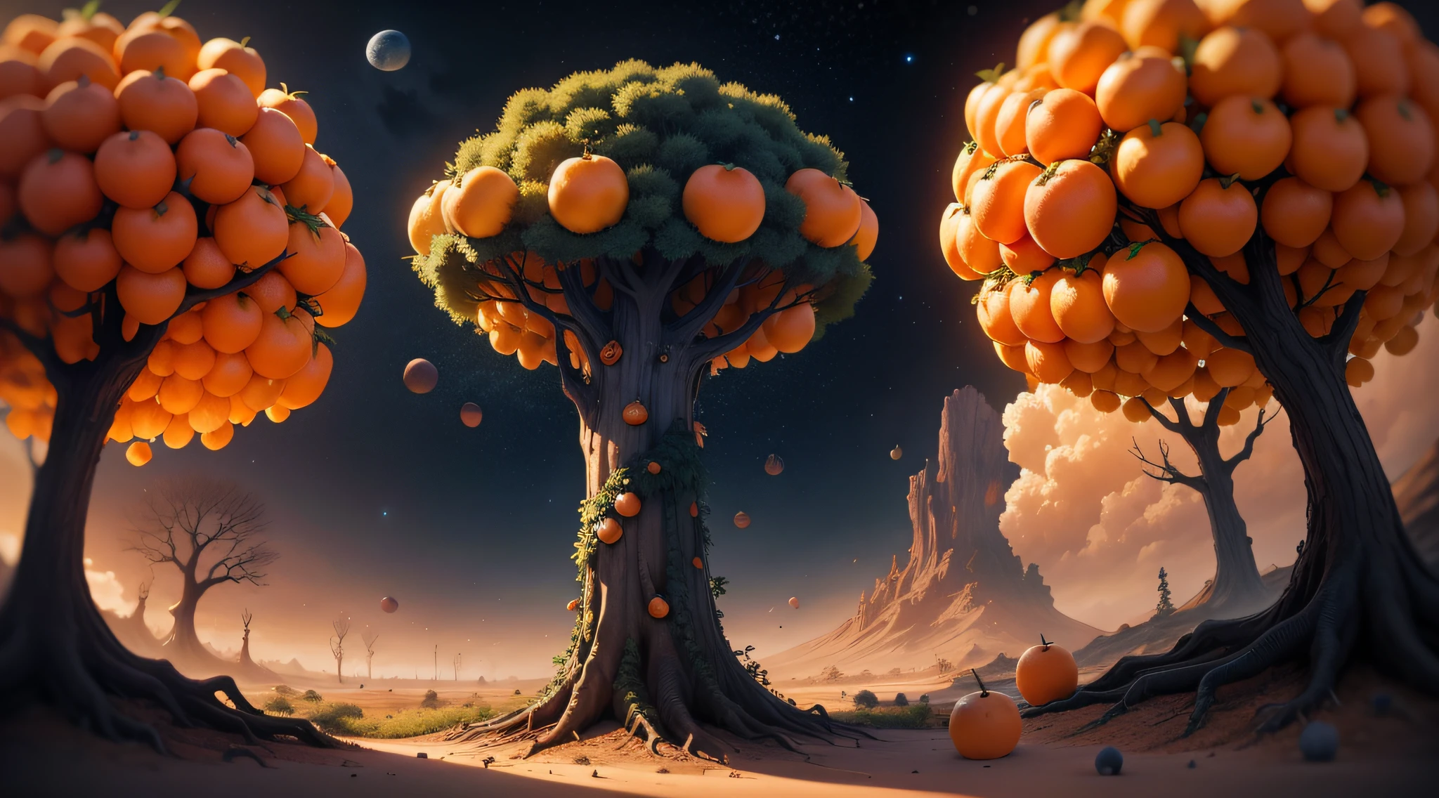 The fruit tree filled with oranges whose roots cover a planet lost in a huge and dark galaxy, sans vie aux alentours, just a few mysterious and strange planets