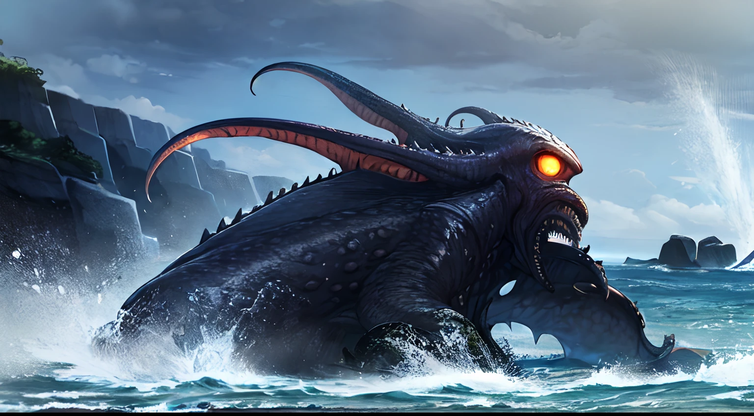 8K, Super detail, ccurate, Best quality, Masterpiece, Super detail, High details, High quality, Best quality, A high resolution
，nigth，darkly，raiden，Cthulhu,Monster,Fish,tentaculata，Black seawater，Recife，swell sea