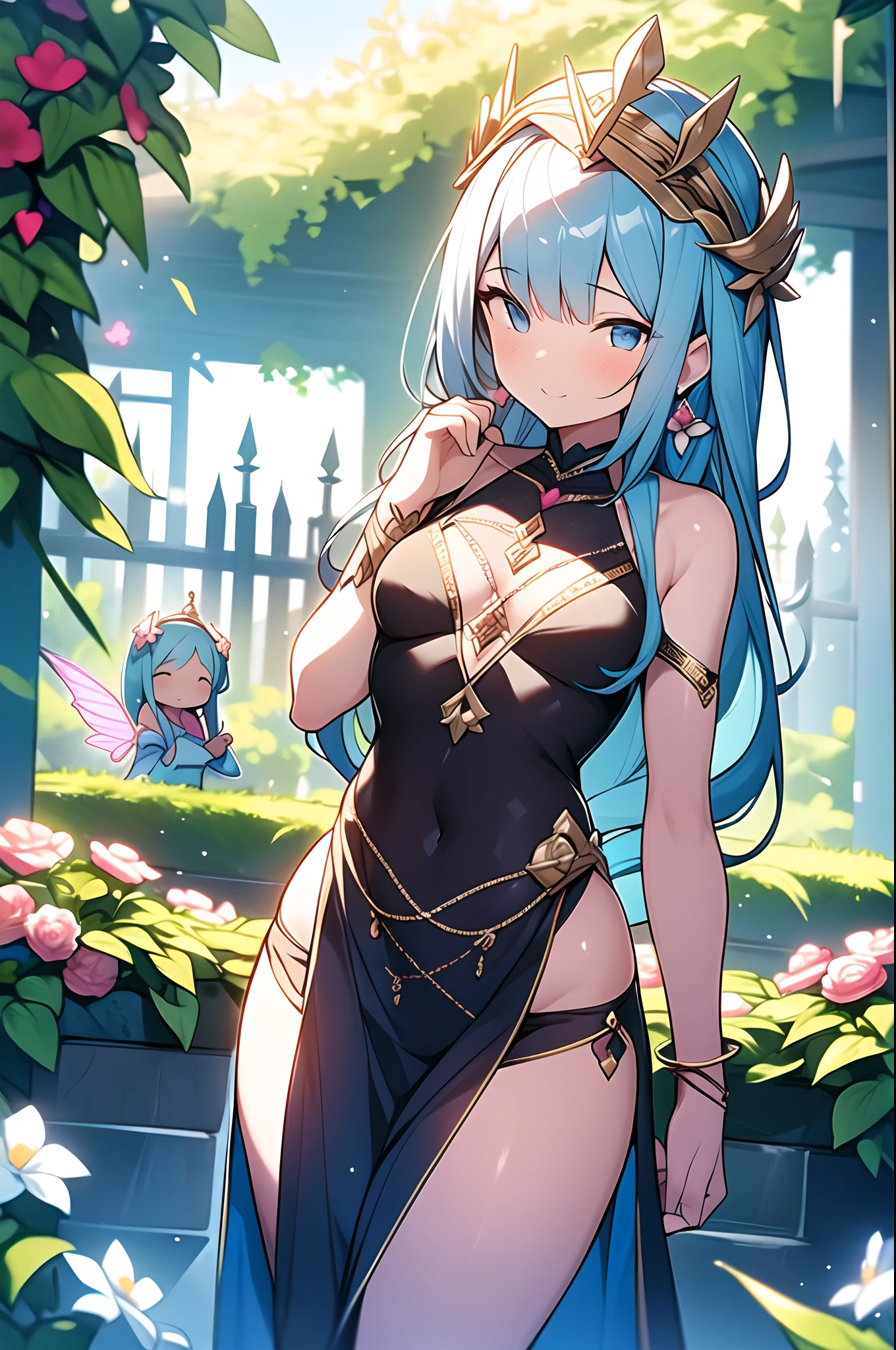 A goddess of love in her small garden, She is surrounded by beautiful flowers, Little angels and fairies accompany her. Su mirada revisa la dulzura, Se viste de forma luminosa y vaporosa. Su cuerpo es esbelto y espectacular. ((pechos grandes)) (cuerpo fitness)