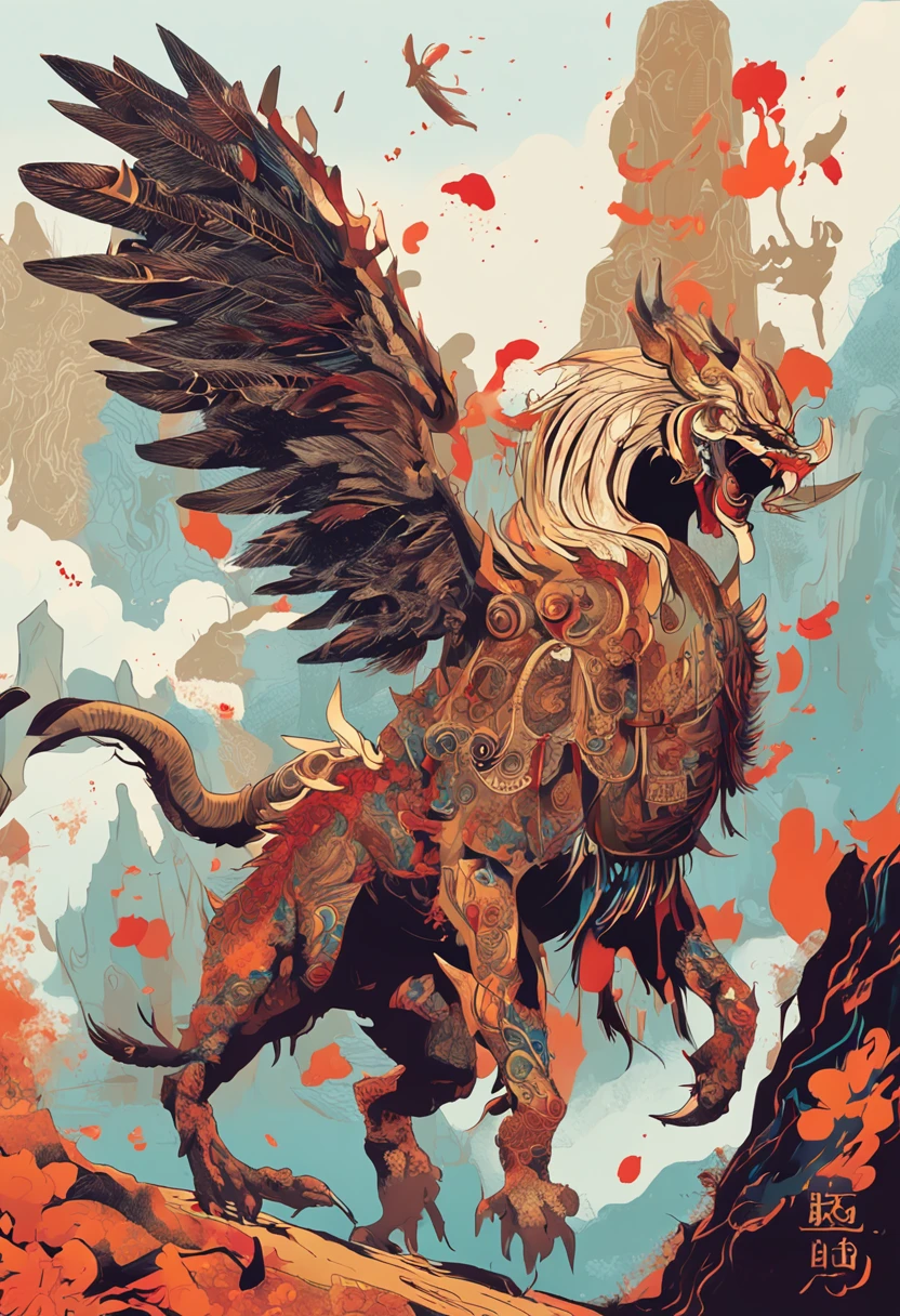 number art,Chinese mythology and stories,Journey,King of Golden-winged Roque,closeup cleavage,Open your mouth,tosen,Fierce eyes,Blood,A mouth full of blood,Dripping blood,Puffing,massive wings,Thick feathers,feater,Super close,Sharp focus,best qualtiy,8K分辨率,tmasterpiece,Works of masters,