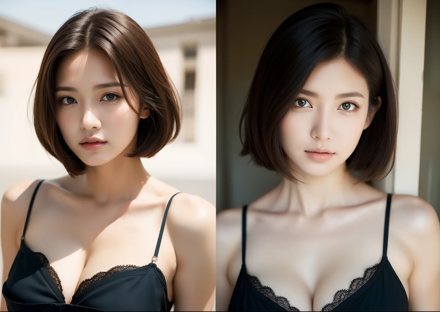 medium shot、cowboy shot、(Solo:1.2)、One girl、Standing posture、a beauty girl、face perfect、mesmerizing eyes、blurry backround、Wearing a camisole、Colossal tits、short-hair