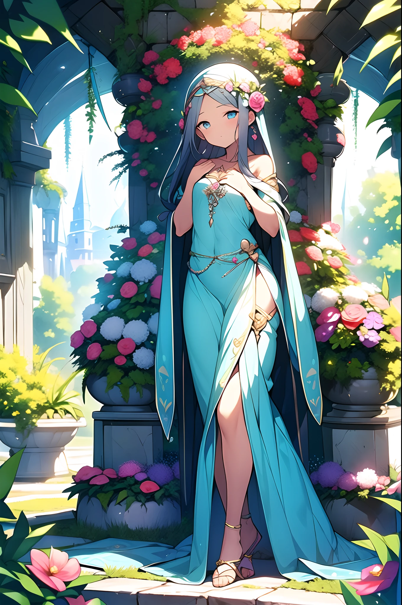 A goddess of love in her small garden, She is surrounded by beautiful flowers, Little angels and fairies accompany her. Su mirada revisa la dulzura, Se viste de forma luminosa y vaporosa. Su cuerpo es esbelto y espectacular. ((pechos grandes)) (cuerpo fitness)