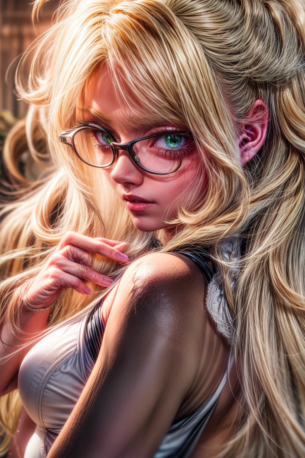 "(8k RAW photo, best quality, masterpiece:1.2) ultra-detailed official art, photo-realistic:1.37, upper body shot, DC Harleen arlequina, beautiful blonde, green eyes, film grain, action pose",perfecteyes