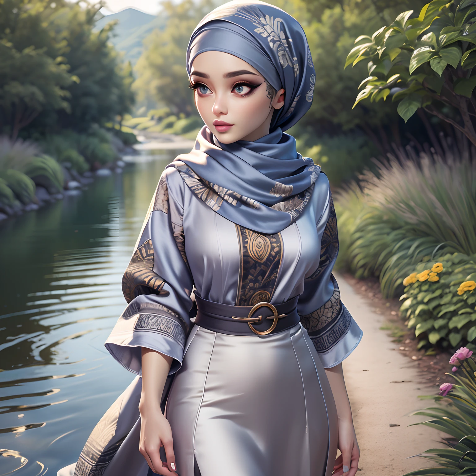 Masterpiece, Best Quality, 3D Rip Artwork, 3DMM Style, Close-up, Portrait, Realism, a woman beautifully makeup, eyeshadow, Parted Lips, Challenge Eye, beautiful big eyes, long eye lashes, wearing ((gray satin headscarf)), loosely tide hijab style, ((cream satin shirt)), satin long maxi skirt, strolling on a trail in the spring, garden, river