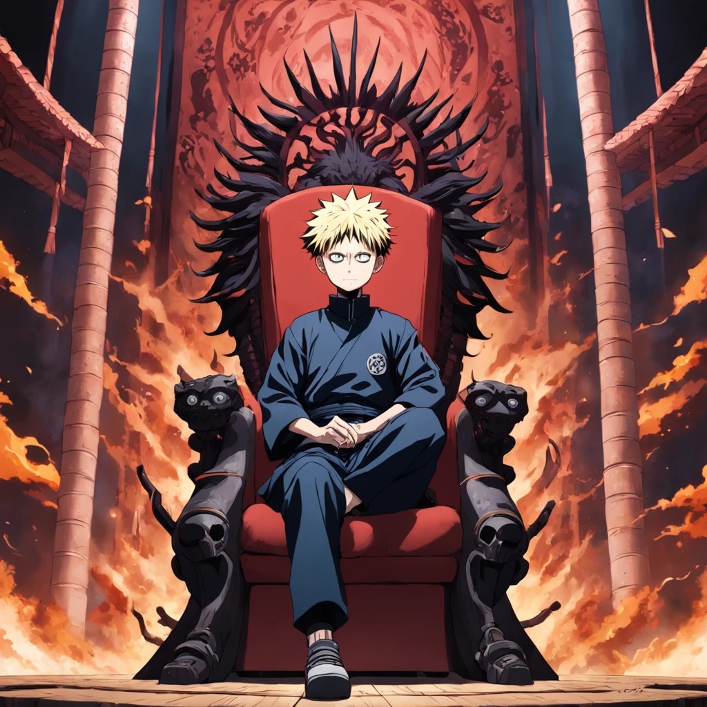 "Sukuna from Jujutsu Kaisen sitting on a majestic throne in a high-quality, highly detailed background."