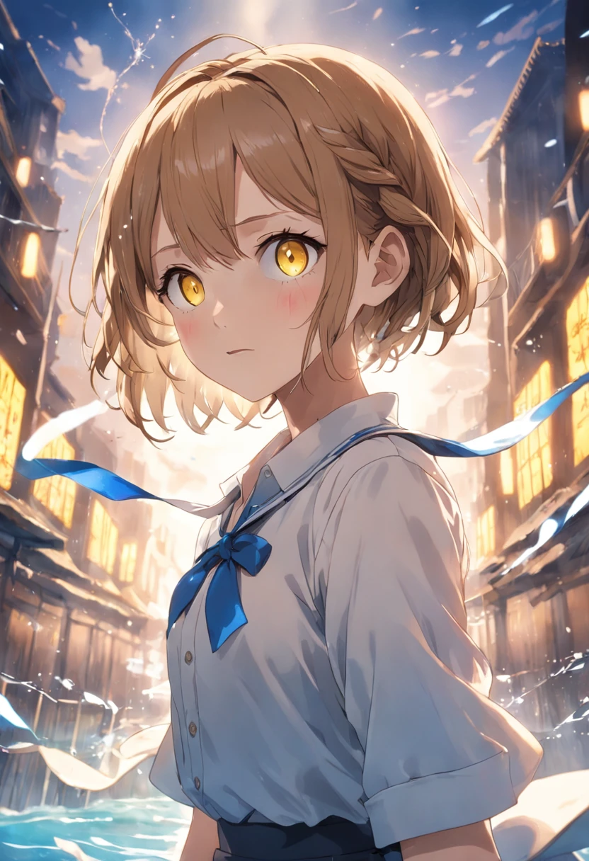 yellow  eyes、Girl with light brown hair with braids above her ears and short cuts outside splashes、Blue ribbon、Wearing a white shirt、thin ribbon at chest,、atlibrary、Boken、Fantasia