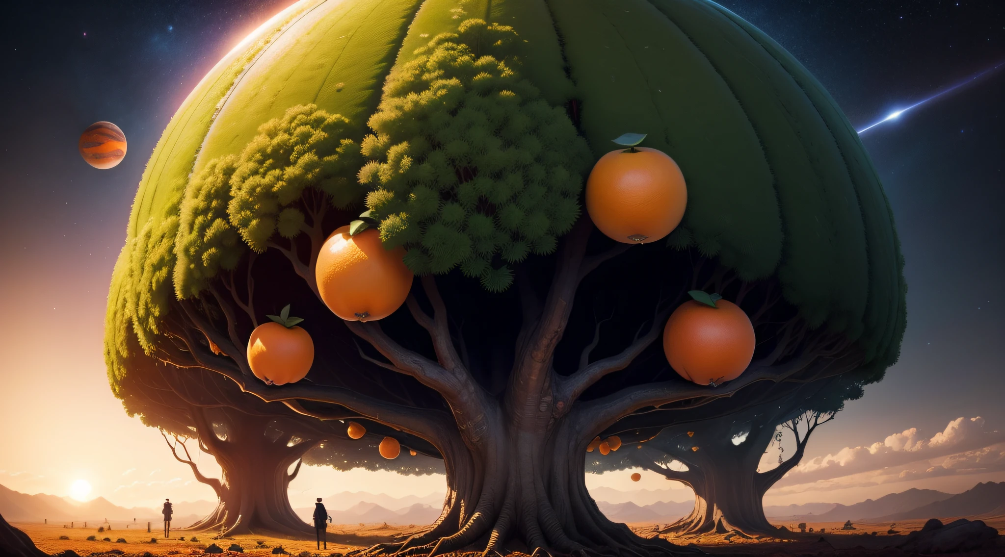 The fruit tree filled with oranges whose roots cover a planet lost in a huge and dark galaxy, sans vie aux alentours, just a few mysterious and strange planets