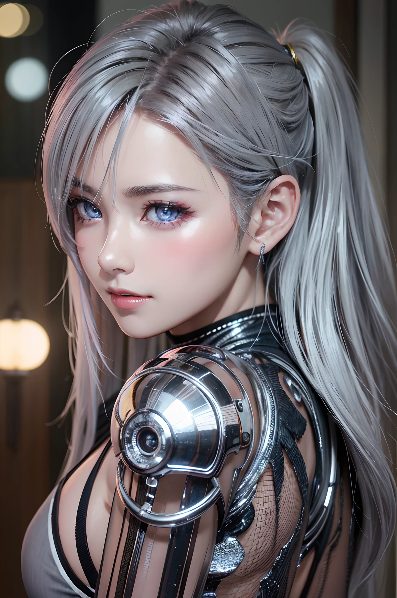 top-quality、8K Masterpiece、超A high resolution、(Photorealsitic:1.3)、Raw photo、女の子1人、silver white hair、glowy skin、1 Cyberpunk Super Beautiful Soldier、((super realistic details))、portlate、globalillumination、Shadow、octan render、8K、ultrasharp、beauty breast、Raw skin is exposed in cleavage、metals、cold color、、highly intricate detail、Realistic light、CGSoation Trends、Beautiful eyes、radiant eyes、Facing the camera、neon details、