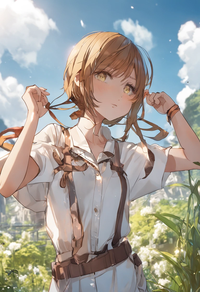 yellow eyes、Girl with light brown hair with braids above her ears and short cuts outside splashes、Blue ribbon、Wearing a white shirt、thin ribbon at chest,、atlibrary、Boken、Fantasia