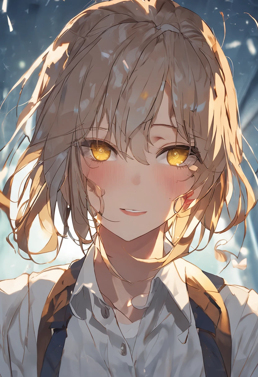 yellow  eyes、Girl with light brown hair with braids above her ears and short cuts outside splashes、Blue ribbon、Wearing a white shirt、thin ribbon at chest,、atlibrary、Boken、Fantasia