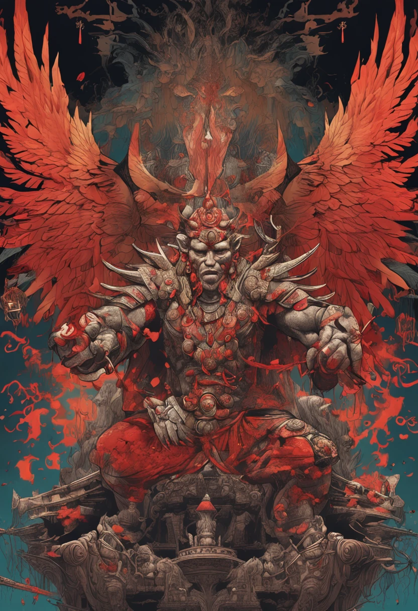 number art,Chinese mythology and stories,Journey,King of Golden-winged Roque,closeup cleavage,Open your mouth,tosen,Fierce eyes,Blood,A mouth full of blood,Dripping blood,Puffing,massive wings,Thick feathers,feater,Super close,Sharp focus,best qualtiy,8K分辨率,tmasterpiece,Works of masters,