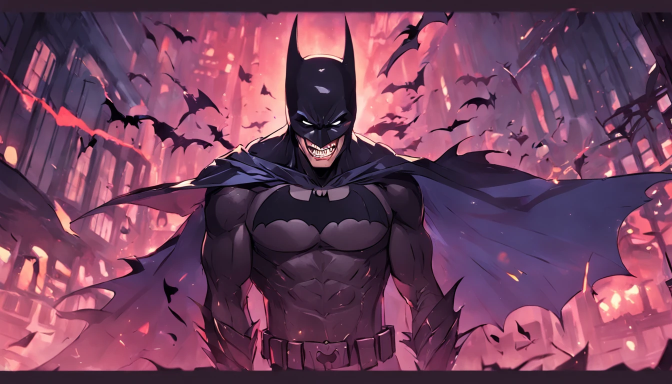 "Demonic-looking macabre Batman inspired by the Batman Laughing comics, fundo macabro e dark"