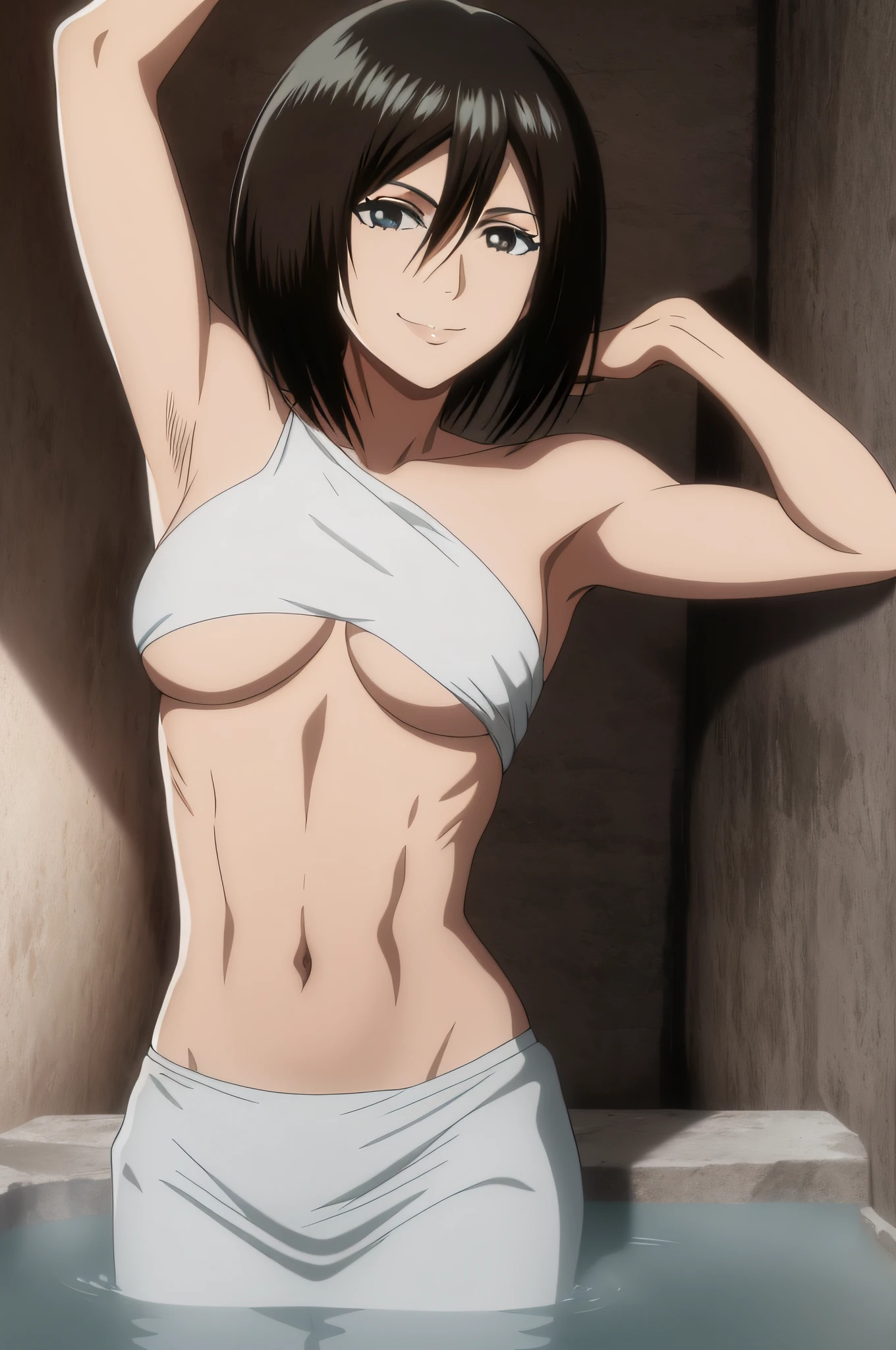 deslumbrante, armpits, detalles intrincados, 1girl, Mikasa Ackerman, (cabello negro:1.3), pelo entre los ojos, pelo corto, patillas, labios, cerrar, solamente, labios, Obra maestra, La mejor calidad, nude, bathing, barriga, pezon, ojos negros, nipples, black eyes, muscle, medium breasts, sonrisa