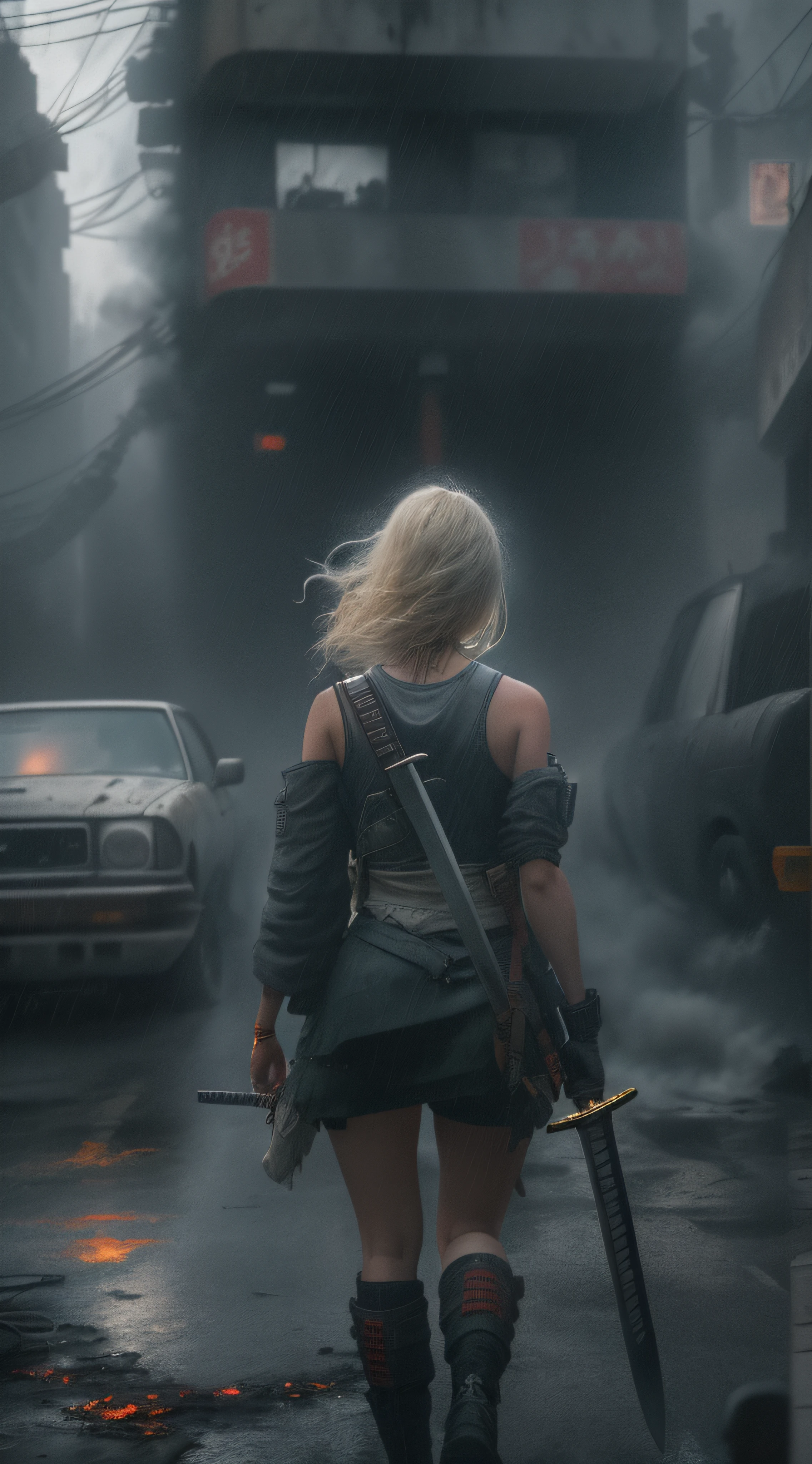 A photo of a young blonde woman standing on her way to the center of the post-apocalyptic city imagery, The Japanese sword in her hand, Dirty laundry is broken, Exploding cars, Fire and smoke, epic detail ighly detailed, rain, Dark gray atmosphere, RAW photography, Back shot, Shot from below, Cyberpunk