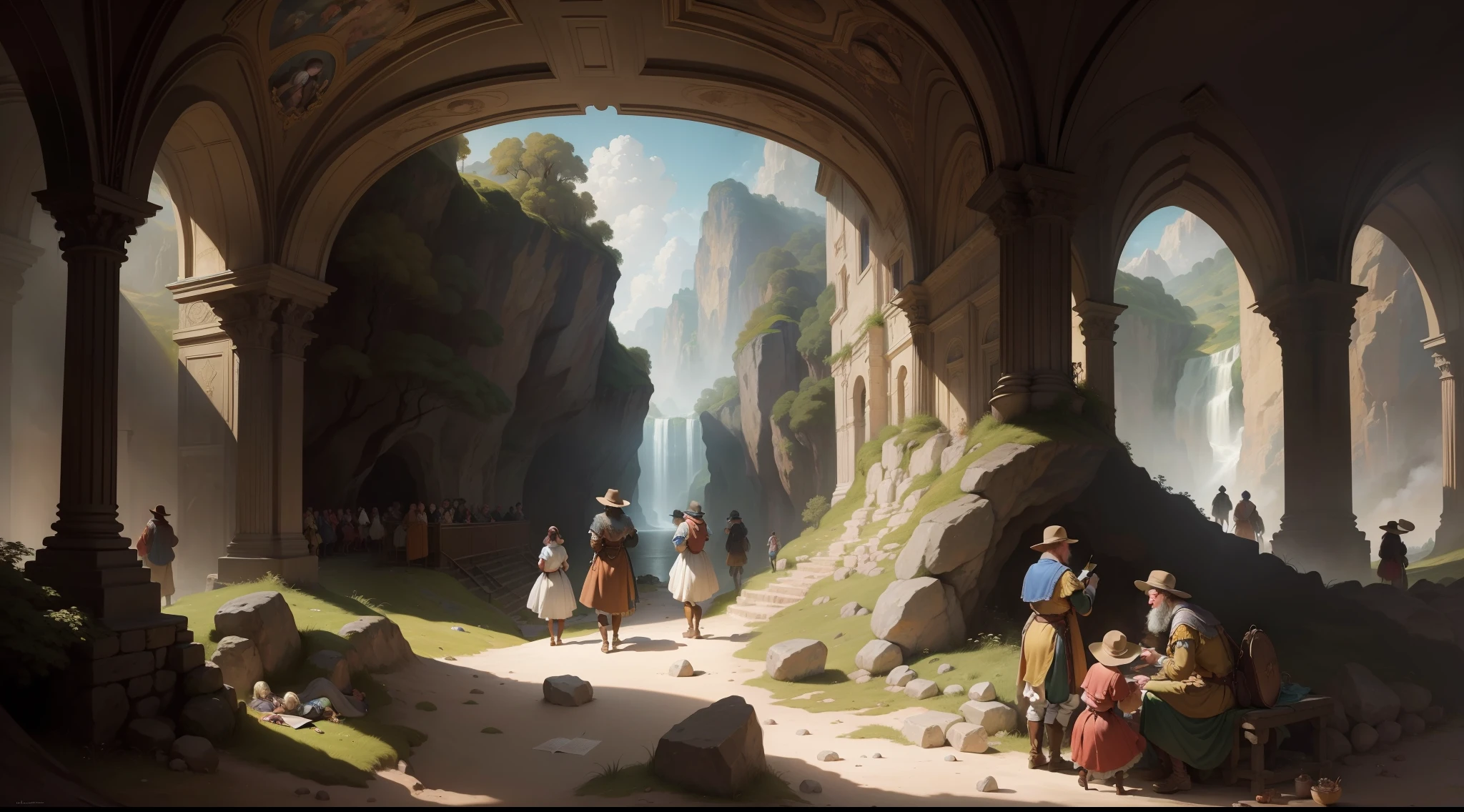 a painting of a group of people in a cave with a man in the background, by Hans von Aachen, mystical scene, jan brueghel, baroque landscape painting, allegorical painting, by Cornelis de Man, by Jan van Mieris, by Caspar van Wittel, inspired by Jan Brueghel the Elder