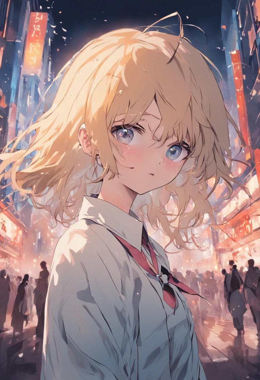 {{Best Quality}}, Girl with Two Knots、Troubled eyebrows、Zito-order、a blond、blue eyes、White blouses、girl with