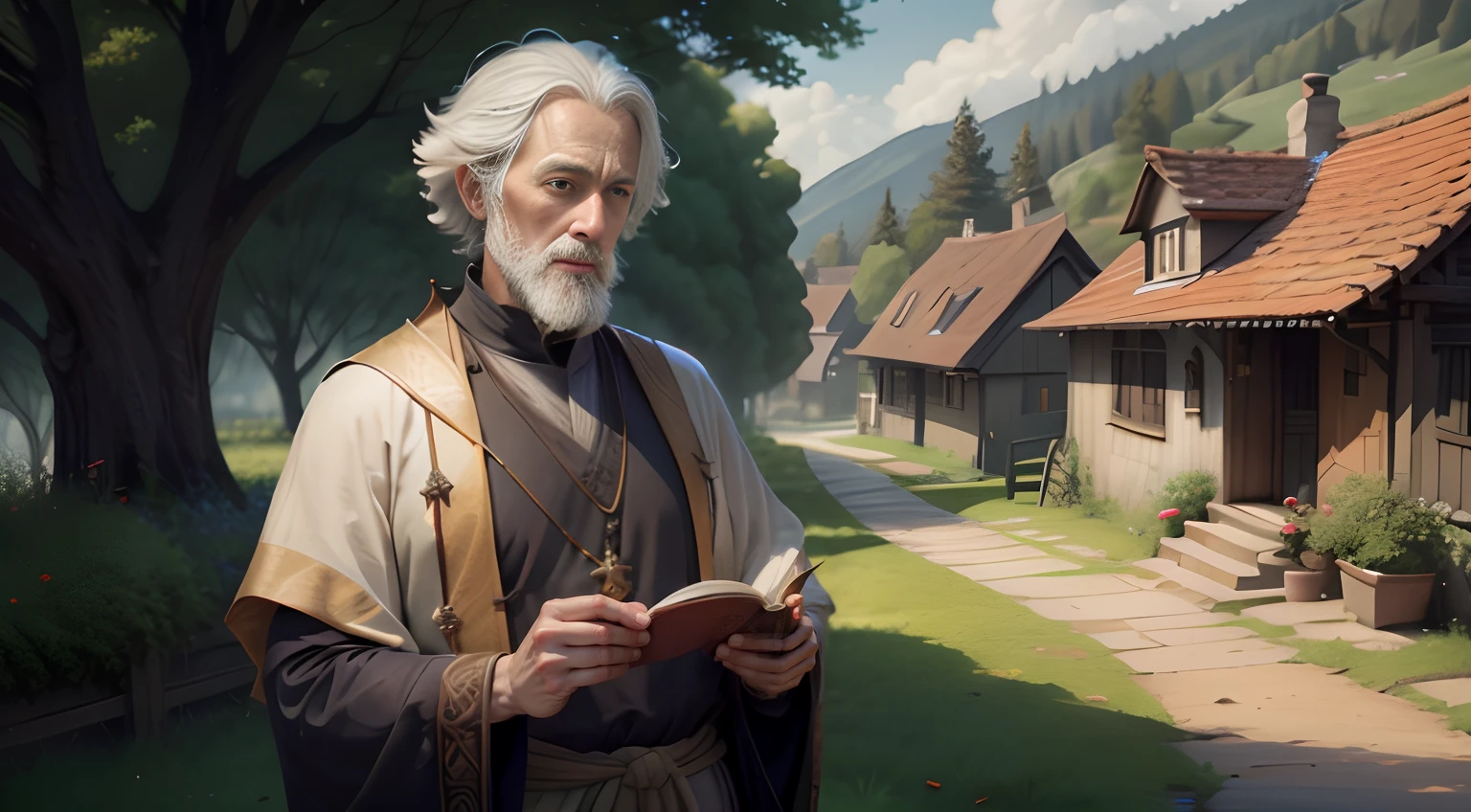 In a serene village tucked away between rolling hills and tranquil meadows, lived a venerable sage named Master Eldric. His eyes held the weight of centuries' worth of wisdom, and his heart radiated warmth that embraced all who crossed his path. Master Eldric was renowned not only for his understanding of the world but also for his mastery in the art of leading a truly enriching life. Old but handsome face, wise and kind
