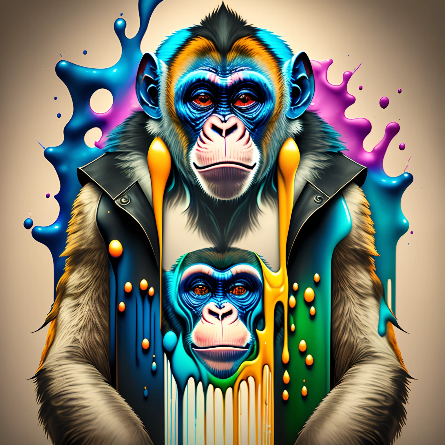 (a portrait of Cyberpunk Monkey with colored fluid), T-shirt logo in tapered thin outline style, spell view, artwork in (empty background:1.4)