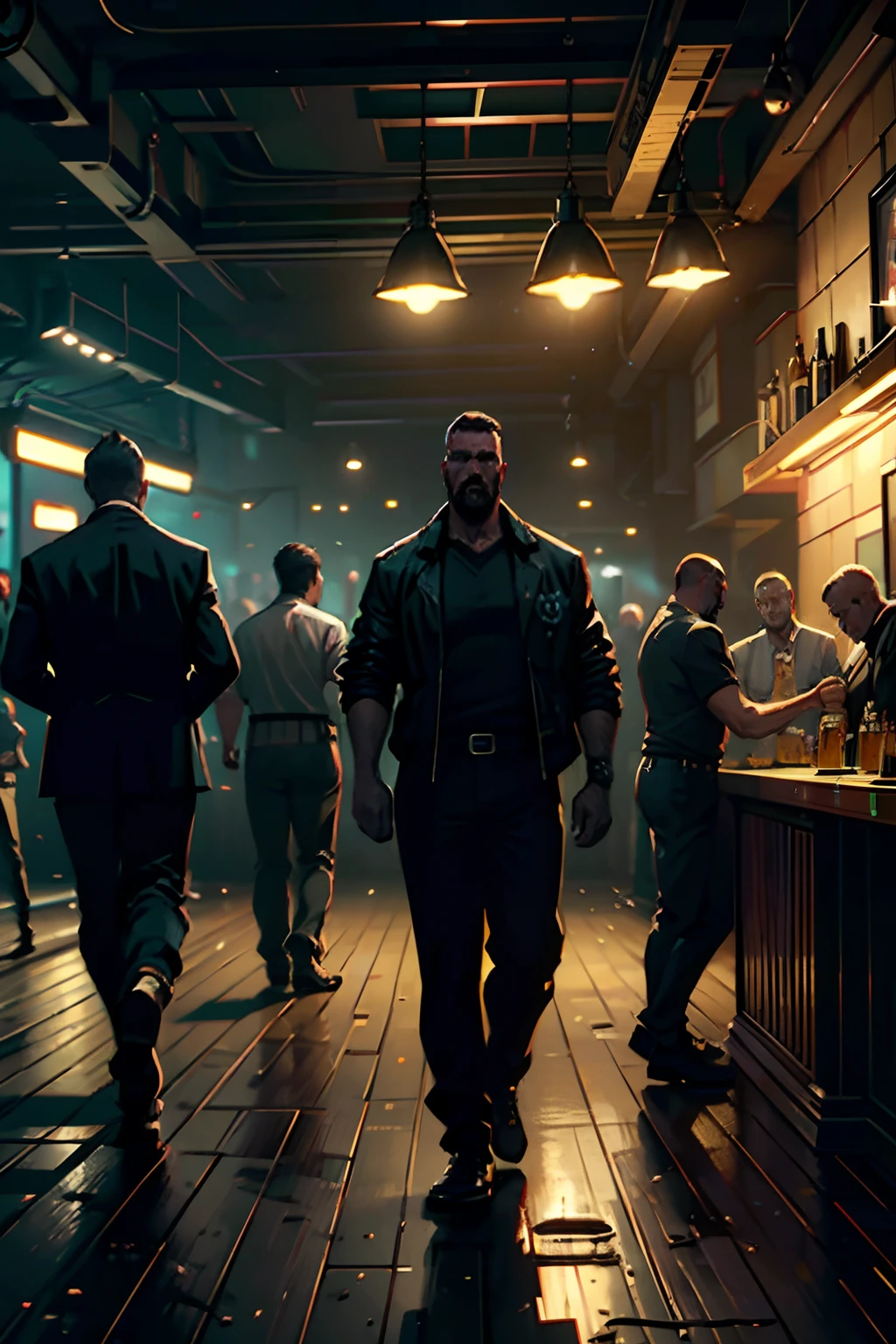 Game scene in a club of men having a beer, the opening shot, moody scene, highly detail, cinematic lighting, in the style of Gregory crewdson, trending on ArtStation --auto