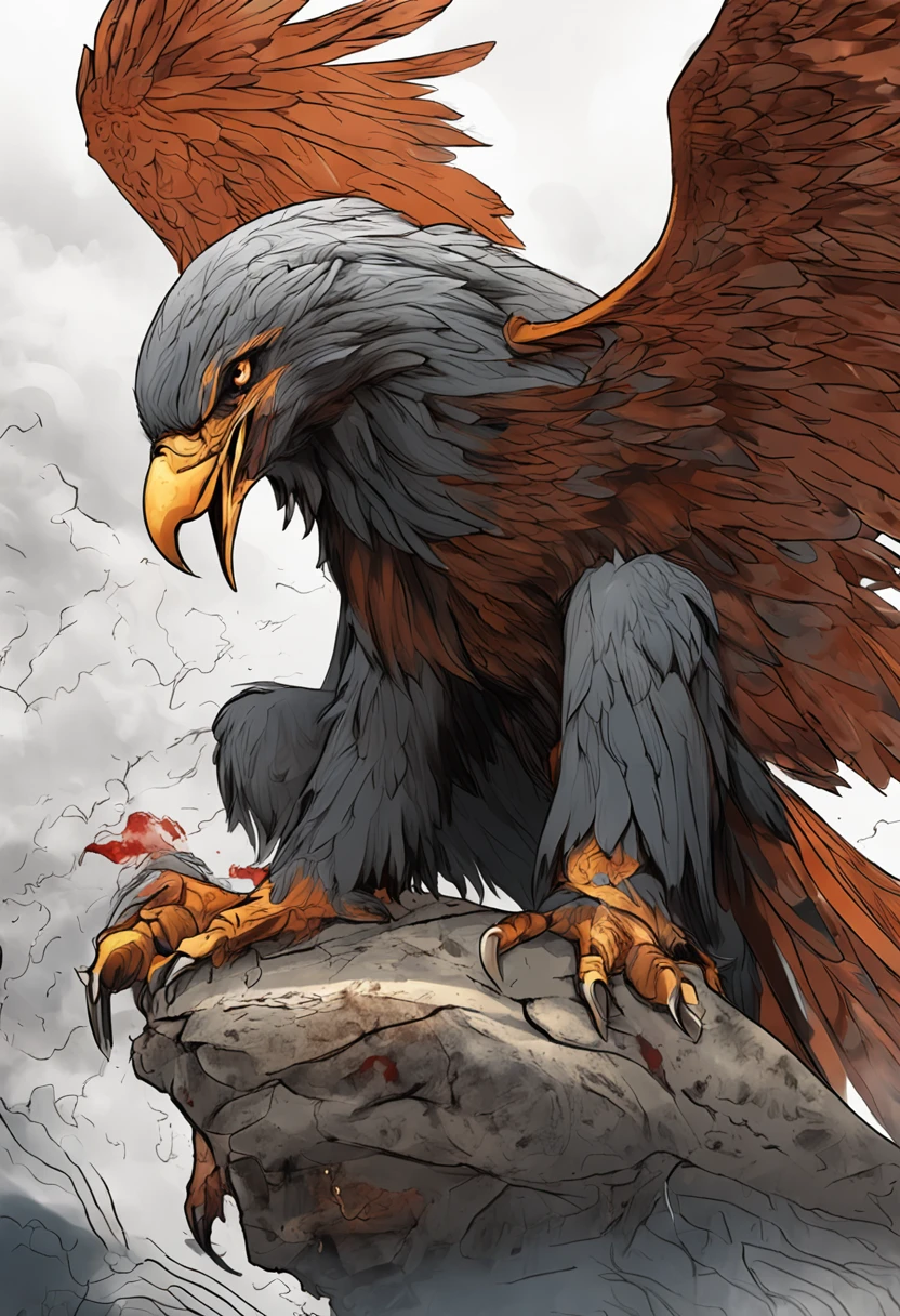 number art，Chinese mythology and stories，Journey，King of Golden-winged Golden Eagles，closeup cleavage，Open your mouth，tosen，Fierce eyes，Blood，A mouth full of blood，Dripping blood，Puffing，massive wings，Thick feathers，feater，Super close，Sharp focus，best qualtiy，8K分辨率，tmasterpiece，Works of masters，