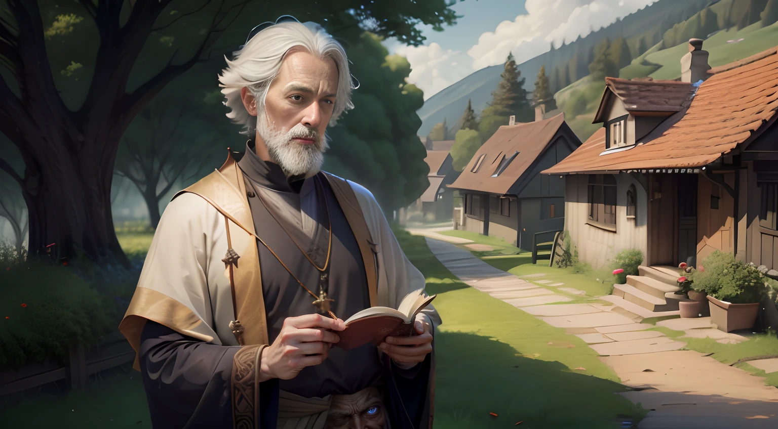 In a serene village tucked away between rolling hills and tranquil meadows, lived a venerable sage named Master Eldric. His eyes held the weight of centuries' worth of wisdom, and his heart radiated warmth that embraced all who crossed his path. Master Eldric was renowned not only for his understanding of the world but also for his mastery in the art of leading a truly enriching life. Old but handsome face, wise and kind